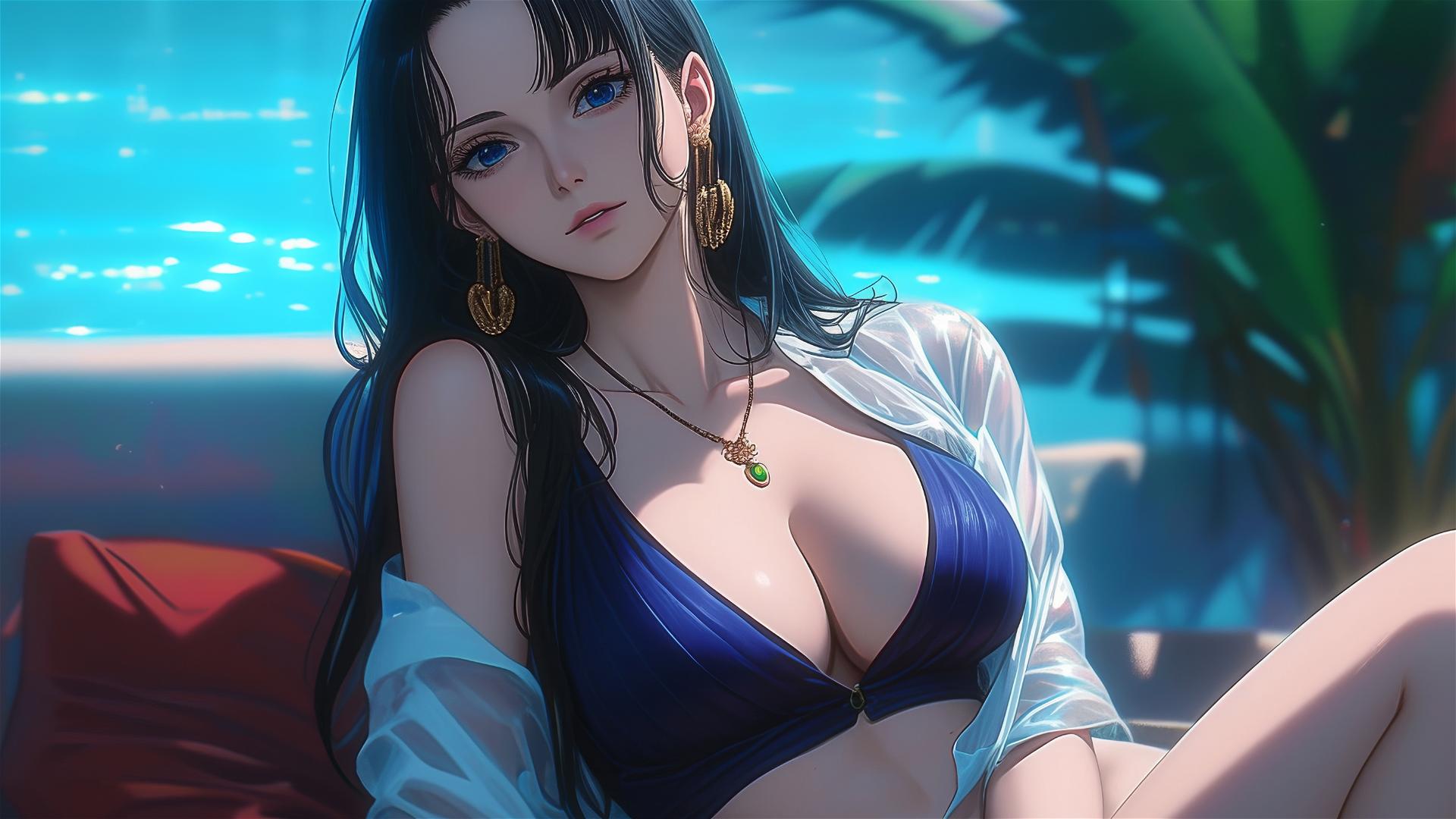 Nico Robin from One Piece resting in a modern hotel room, moonlight glow.