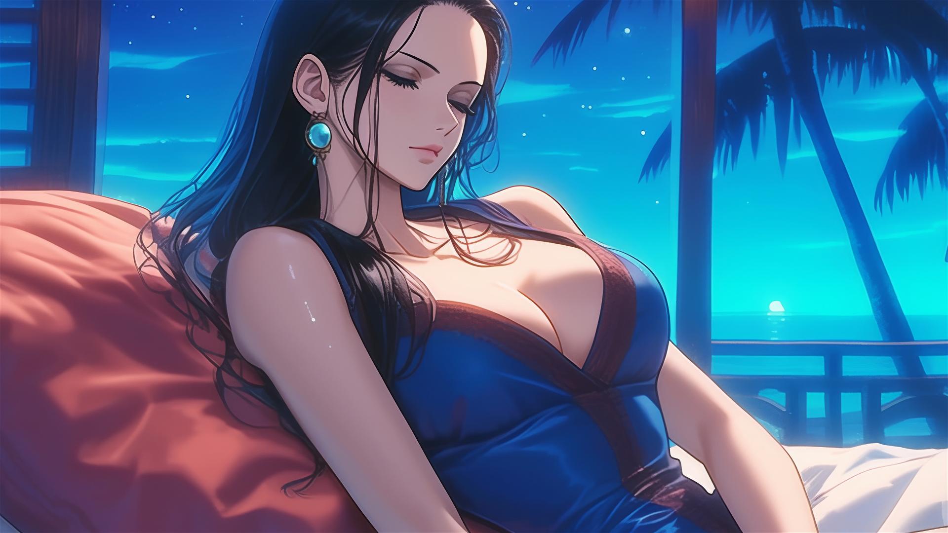Nico Robin from One Piece resting at a modern hotel under moonlight