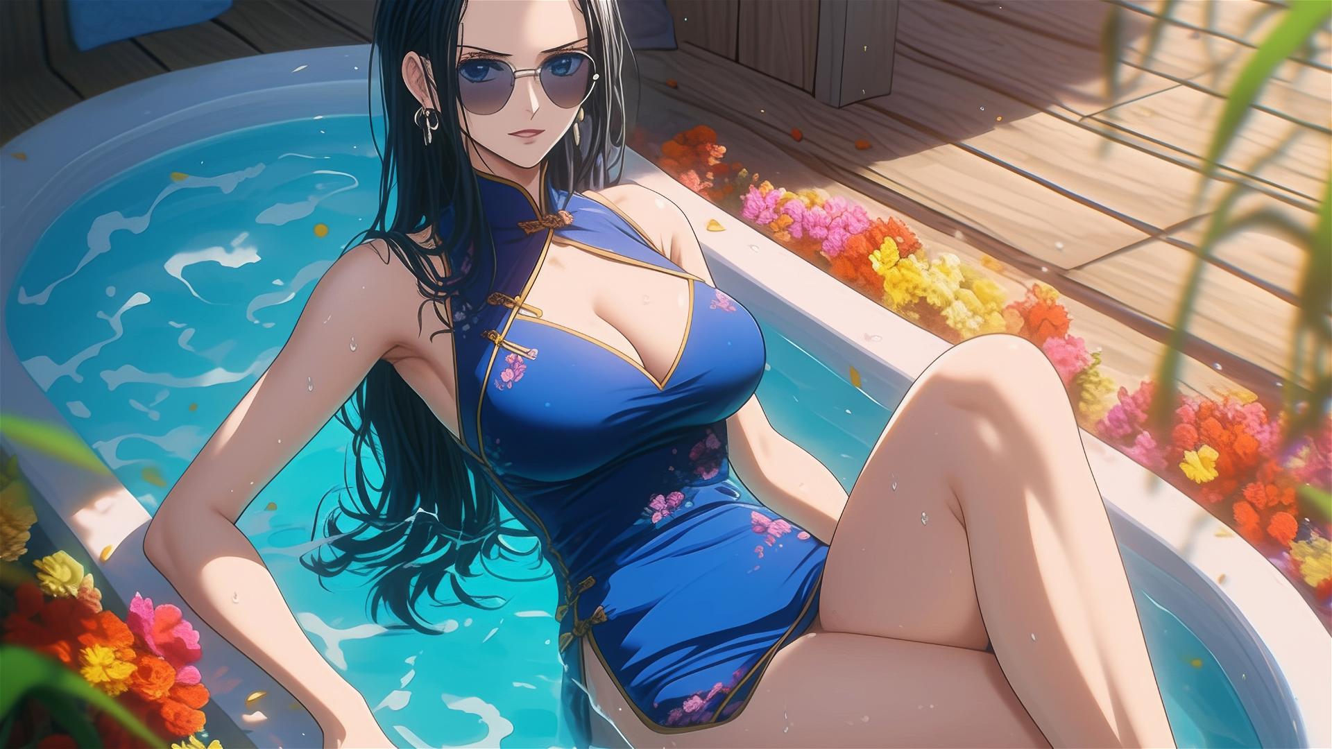Nico Robin from One Piece in a tub full of flowers at a Chinese spa