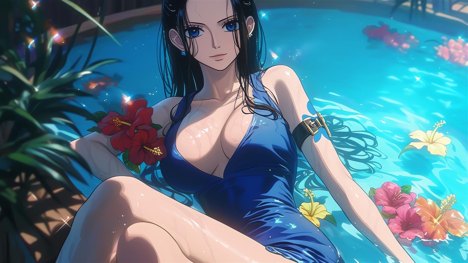 Nico Robin from One Piece in a tub full of flowers, in a Chinese spa, wearing sunglasses.