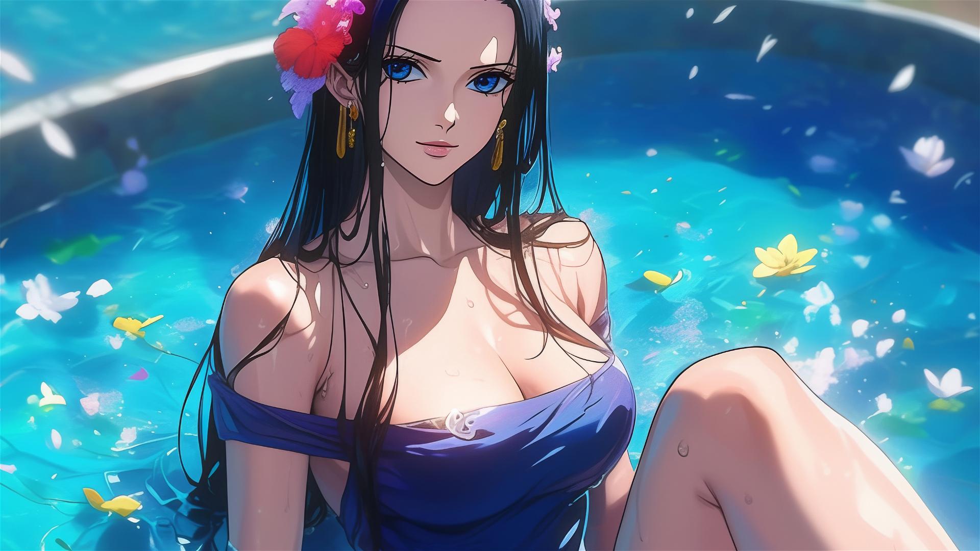 Nico Robin from One Piece in tub full of flowers at a Chinese spa, wearing sunglasses.