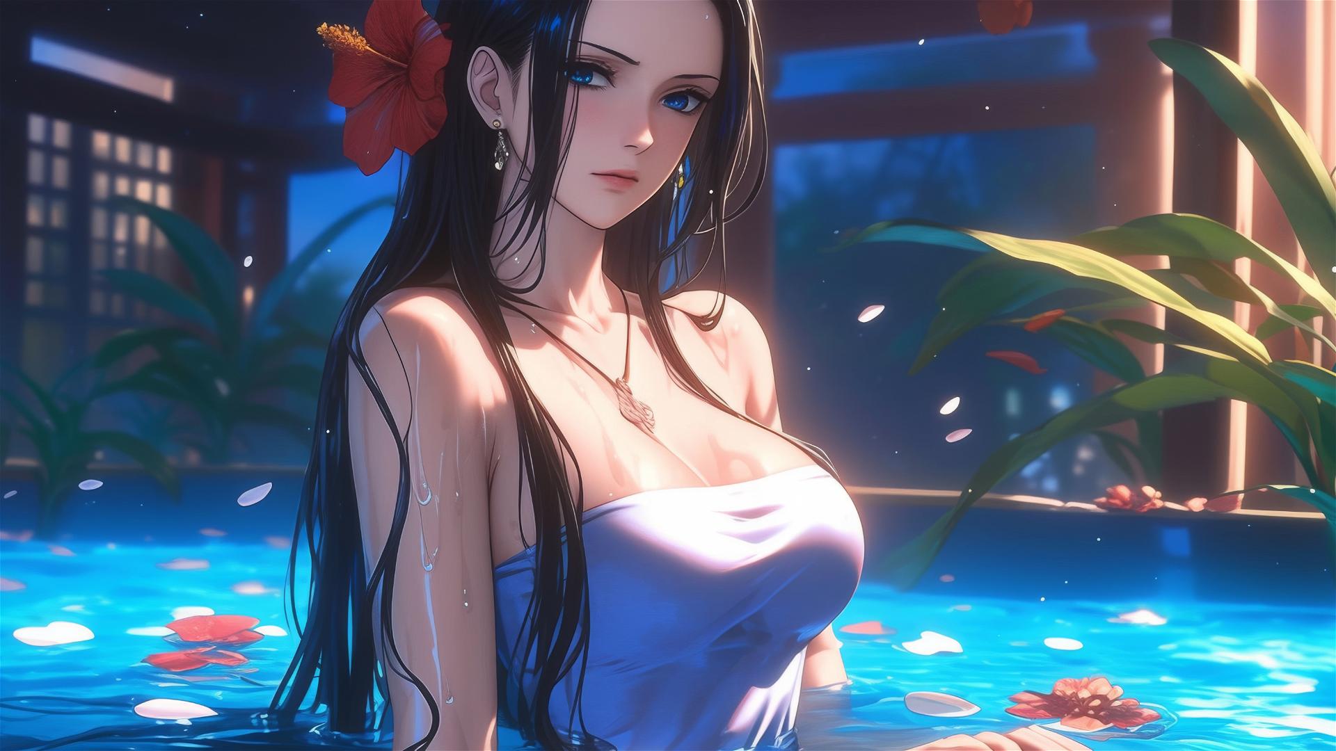 Nico Robin from One Piece in a tub of flowers at a Chinese spa, wearing sunglasses