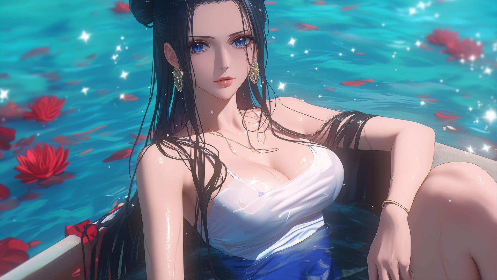 Nico Robin from One Piece in a flower-filled tub, Chinese spa, wearing sunglasses.