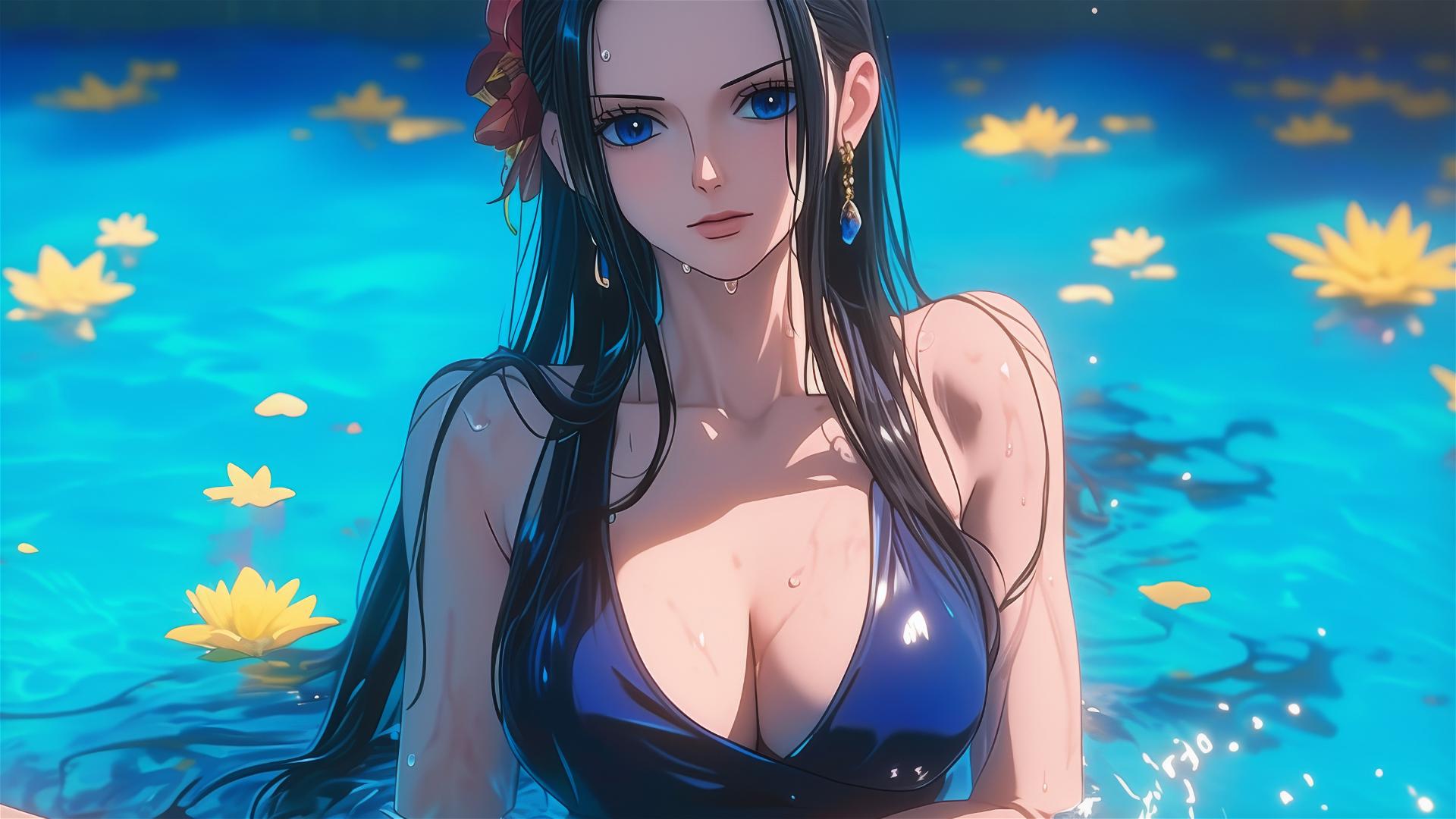 Nico Robin from One Piece in a flower-filled tub at a Chinese spa wearing sunglasses