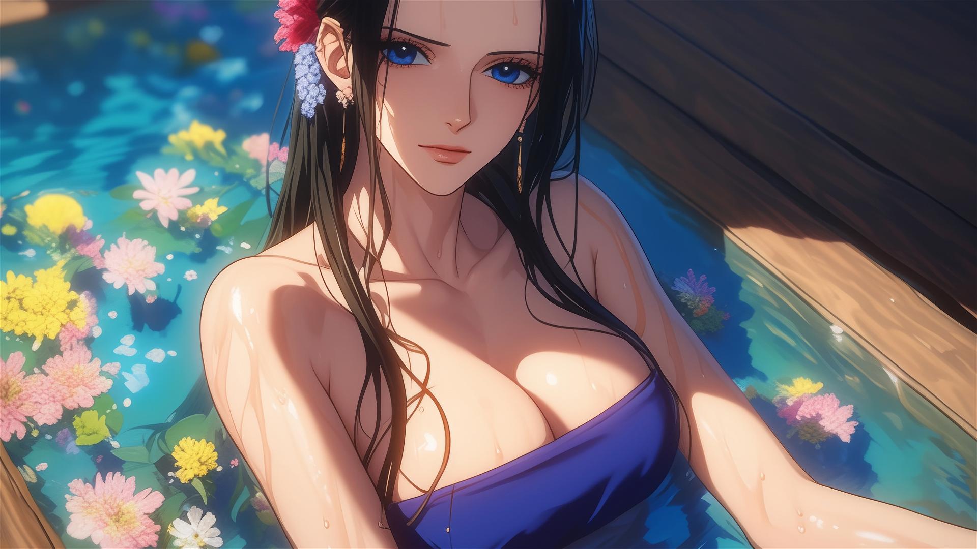 Nico Robin from One Piece in a flower-filled tub at a Chinese spa, wearing sunglasses.