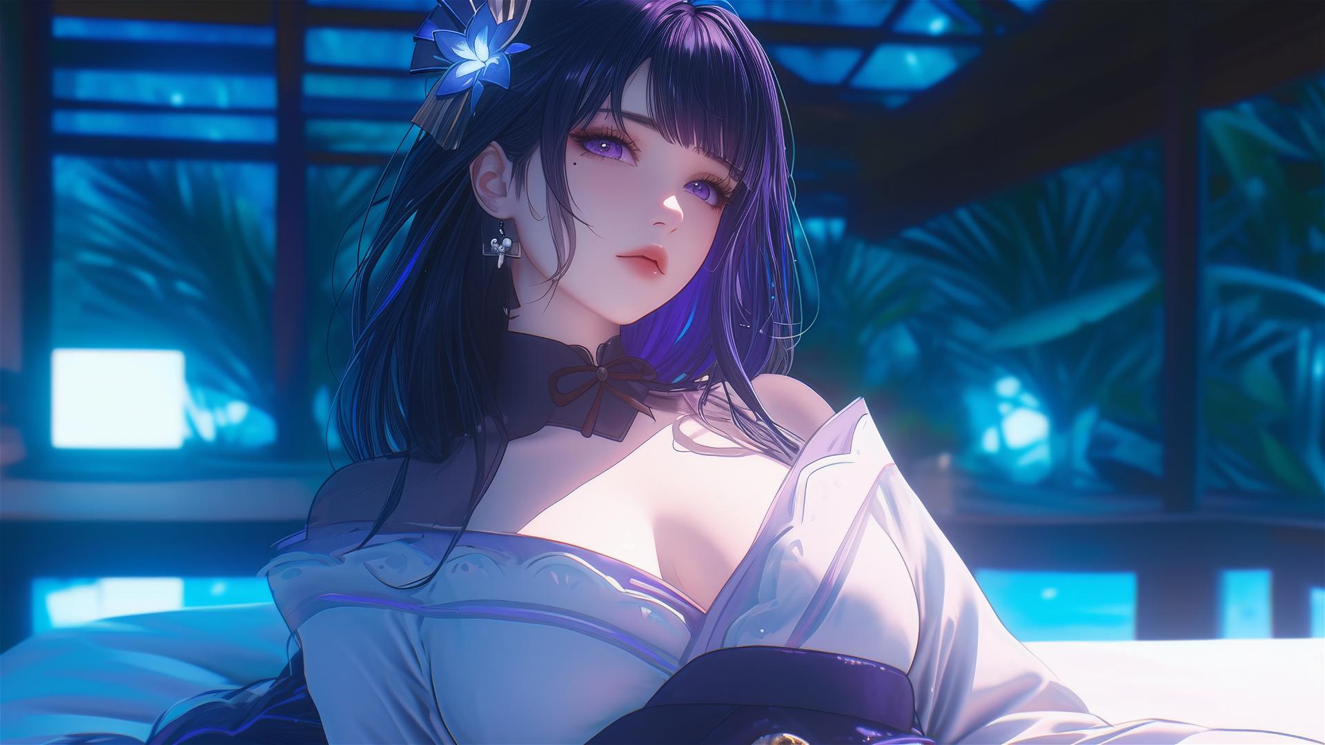 Raiden Shogun from Genshin Impact resting at a modern hotel by moonlight