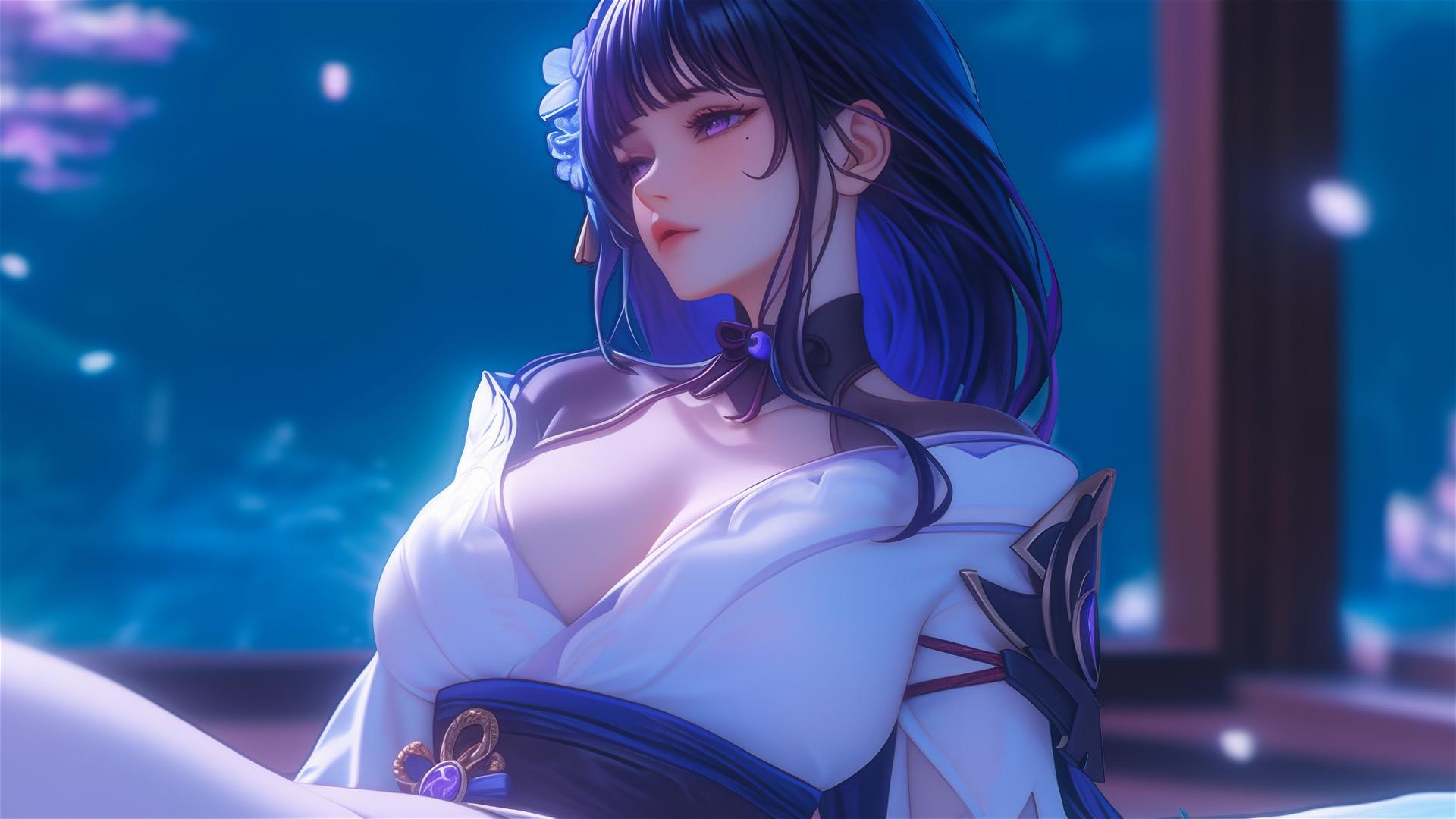 Raiden Shogun from Genshin Impact resting at a modern hotel under moonlight