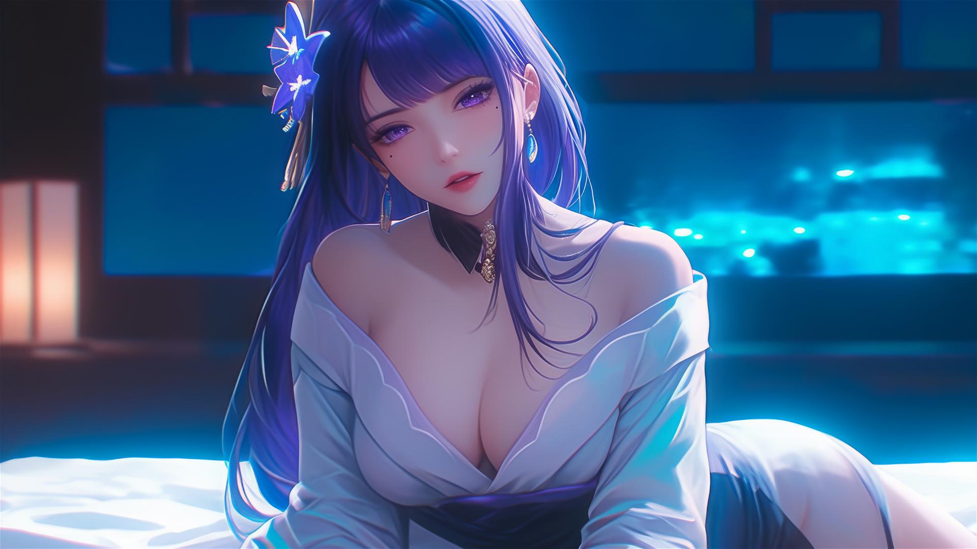 Raiden Shogun from Genshin Impact relaxing in a modern hotel under moonlight.