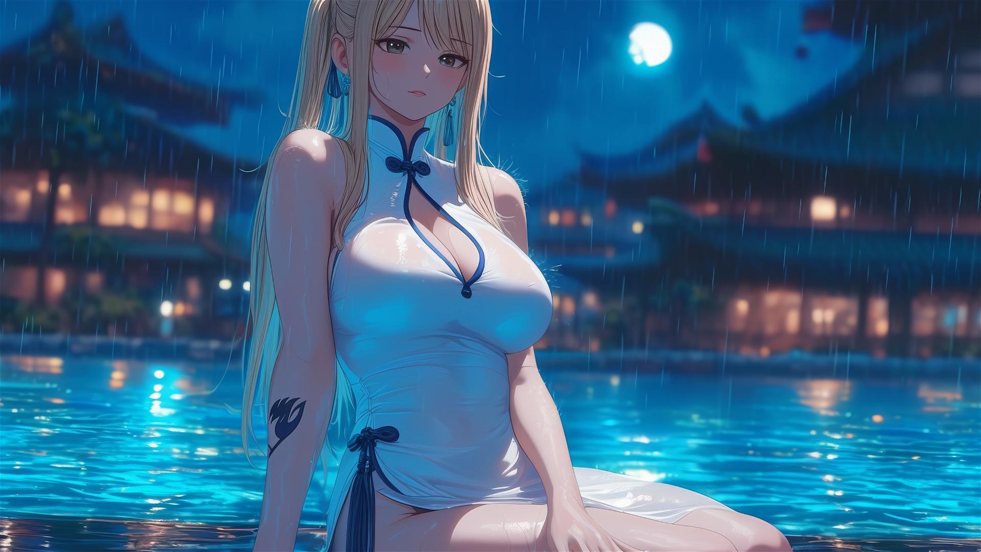 Lucy Heartfilia from Fairy Tail resting by a raining pool under moonlight.