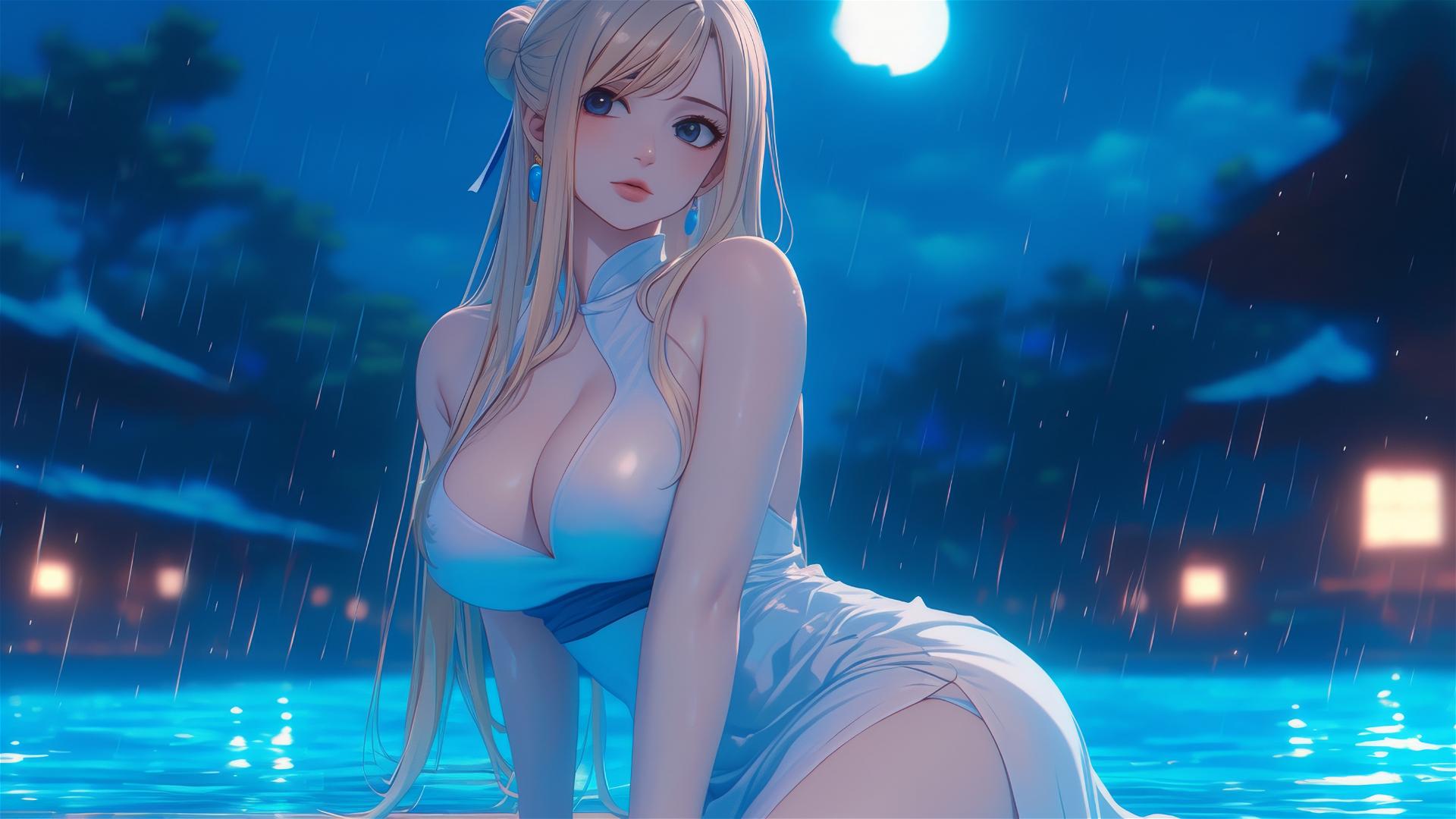Lucy Heartfilia from Fairy Tail resting by a rainy swimming pool in moonlight
