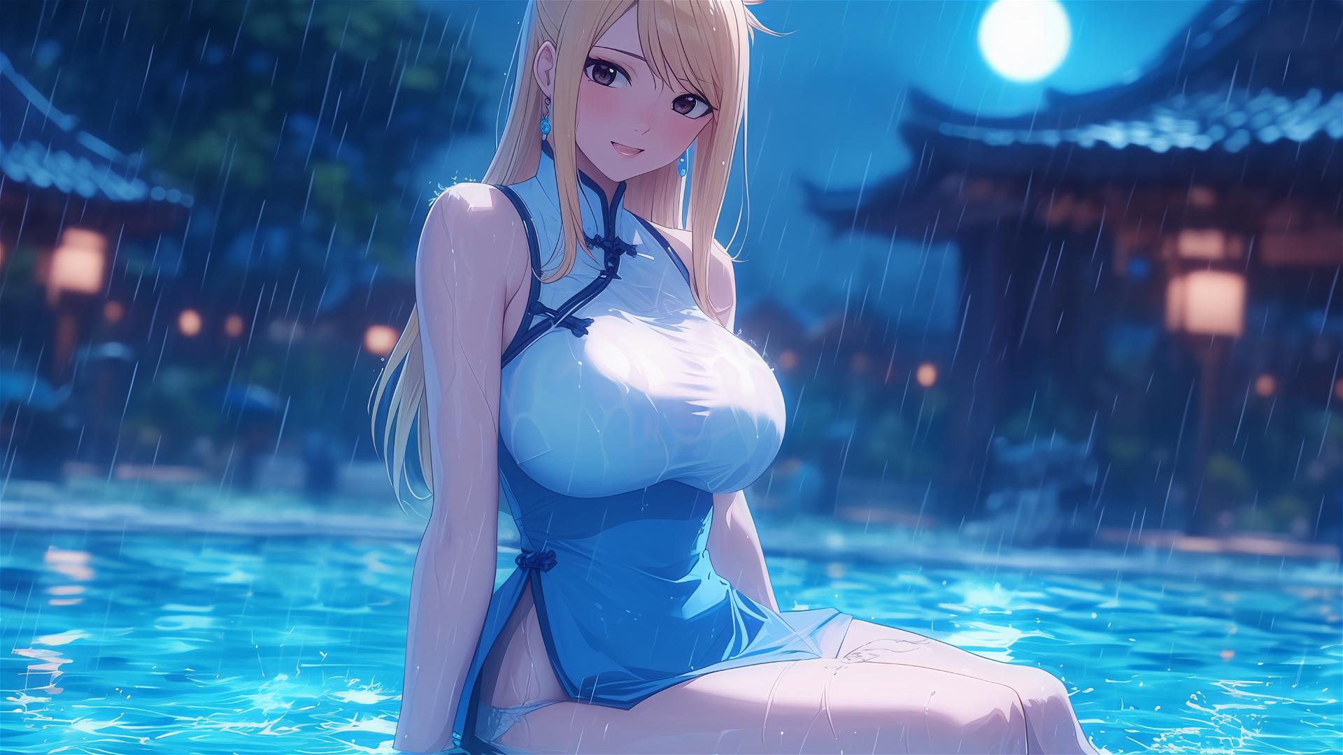 Lucy Heartfilia resting at a raining swimming pool with moonlight glow