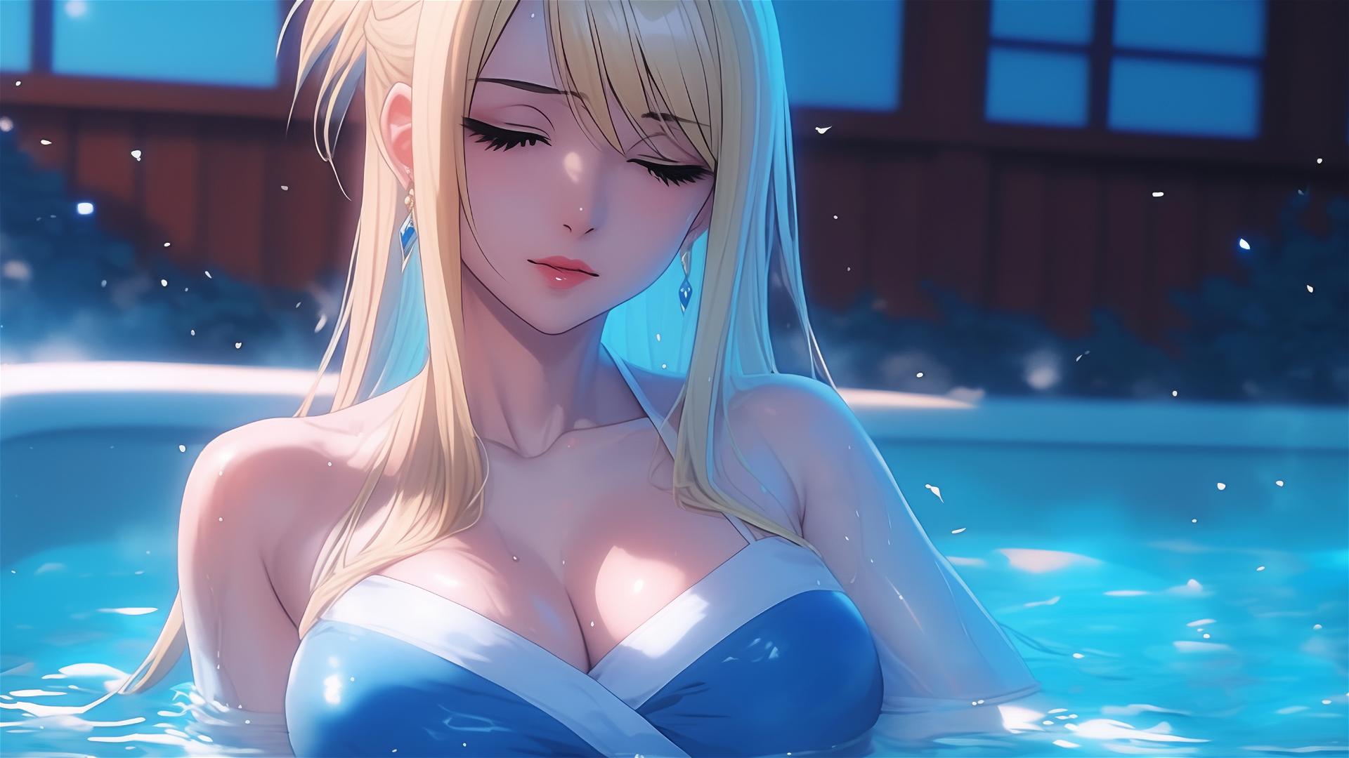 Lucy Heartfilia rests in a tub, illuminated by moonlight