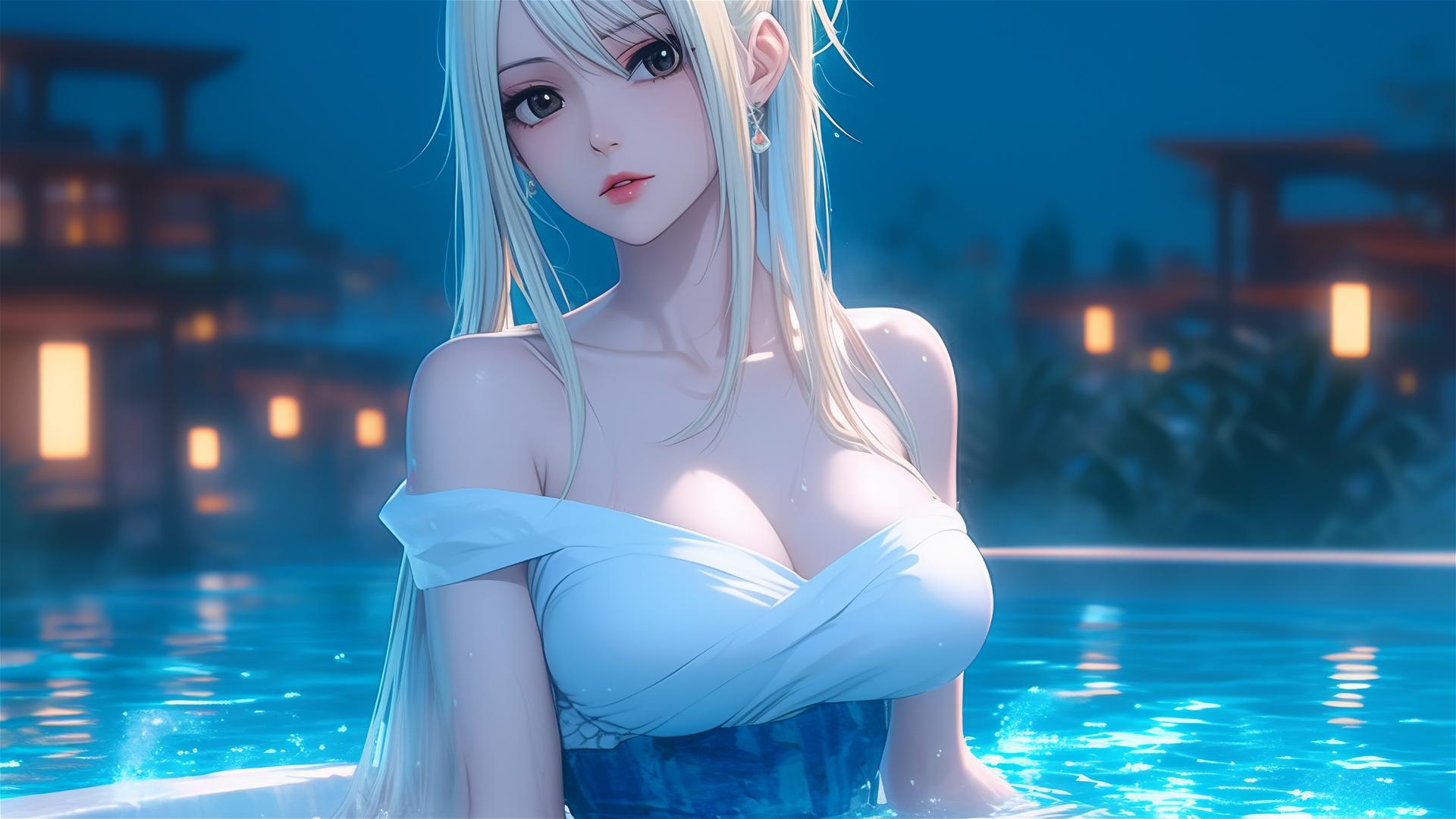 Lucy Heartfilia from Fairy Tail resting in a tub with moonlight glow.