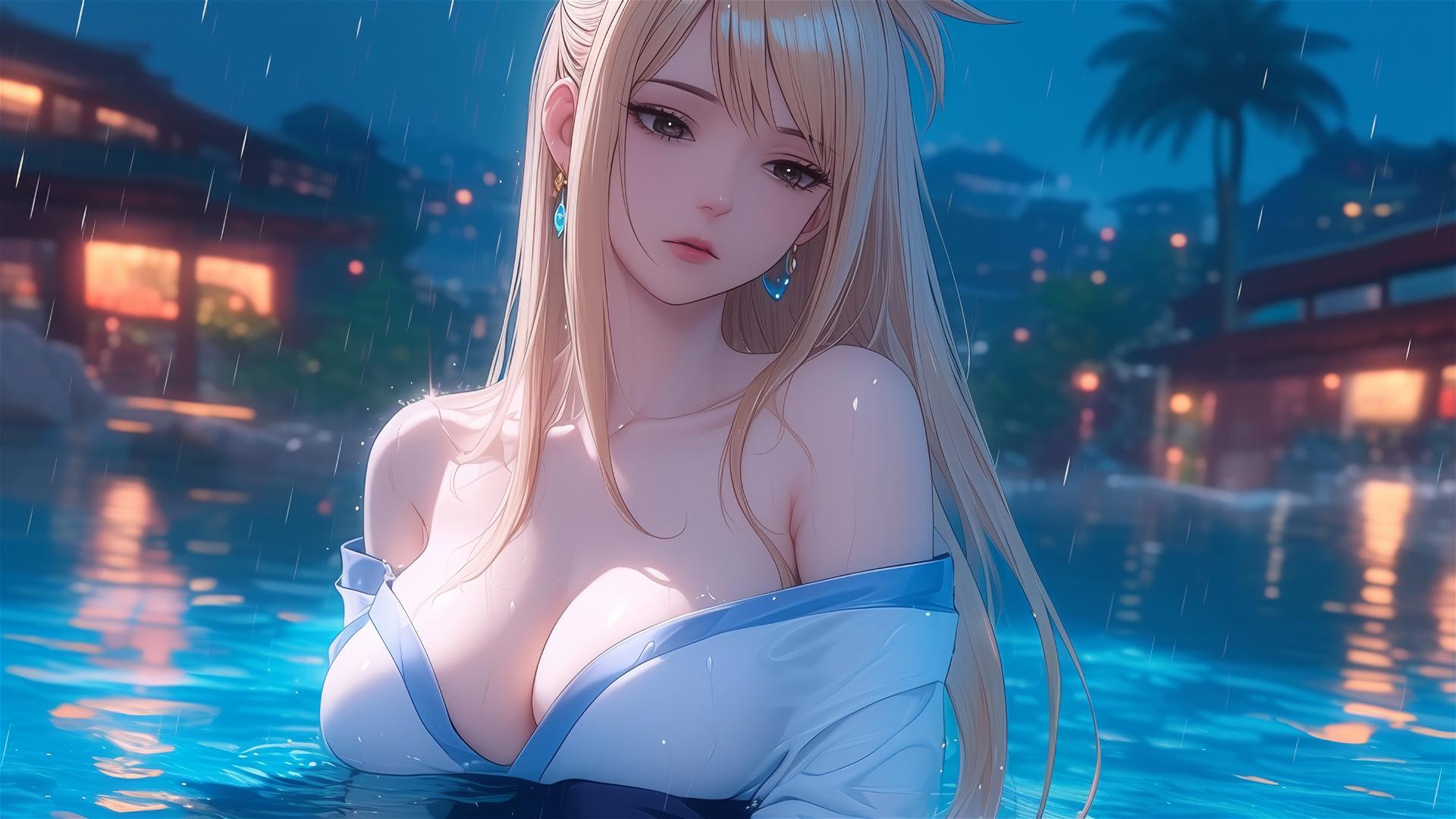 Lucy Heartfilia resting in a tub under moonlight