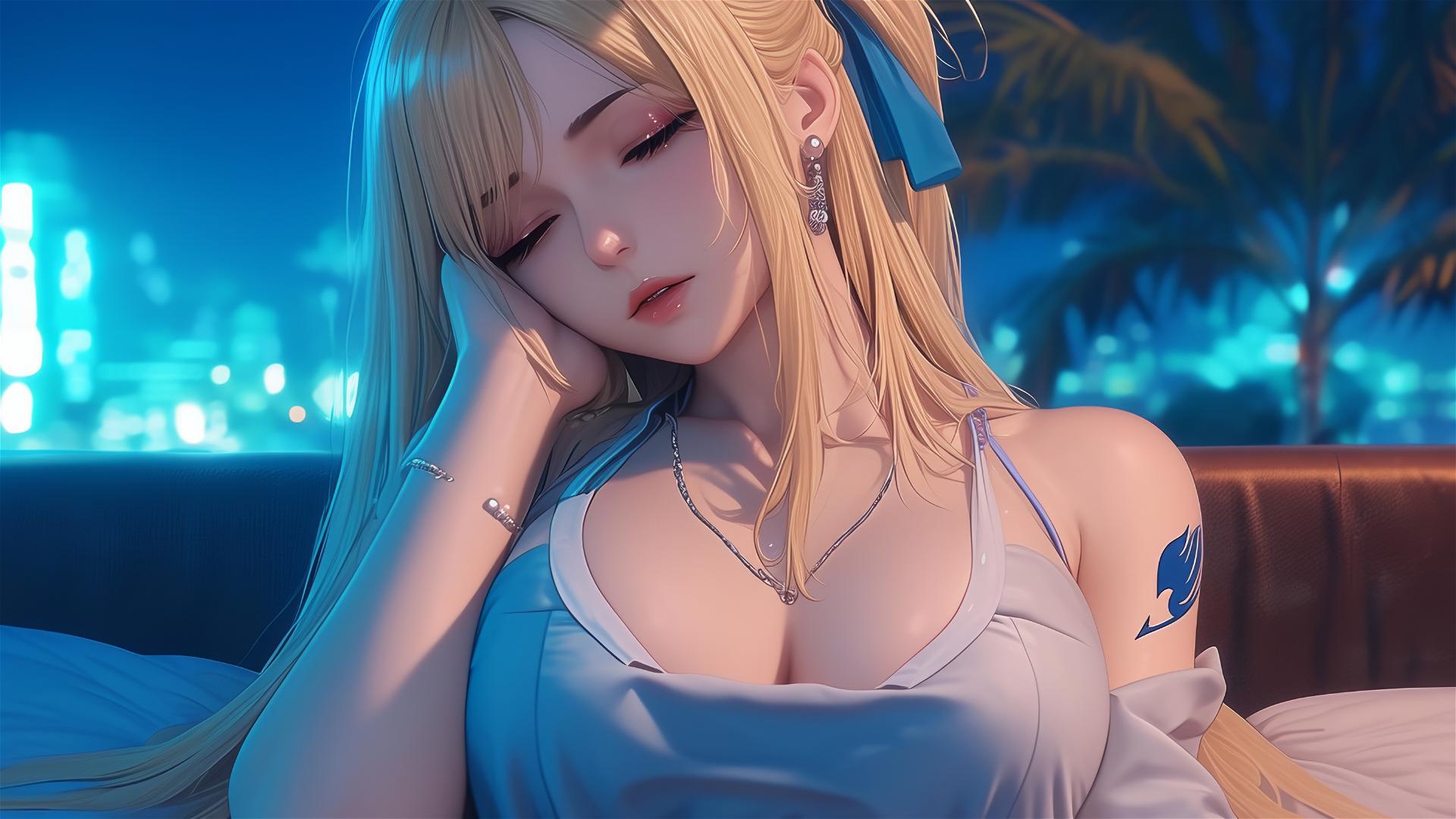 Lucy Heartfilia from Fairy Tail resting in an apartment under moonlight