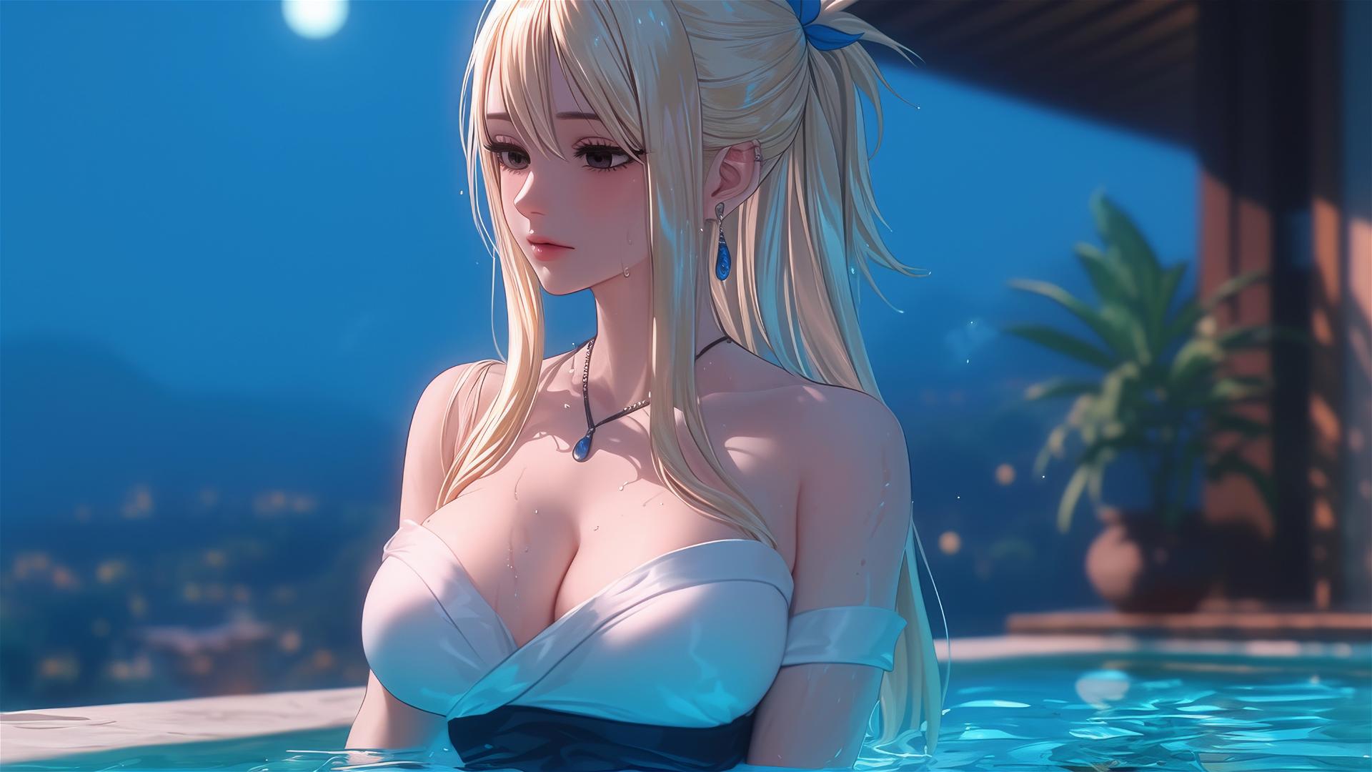 Lucy Heartfilia from Fairy Tail relaxing in a tub with moonlight glowing softly on her.