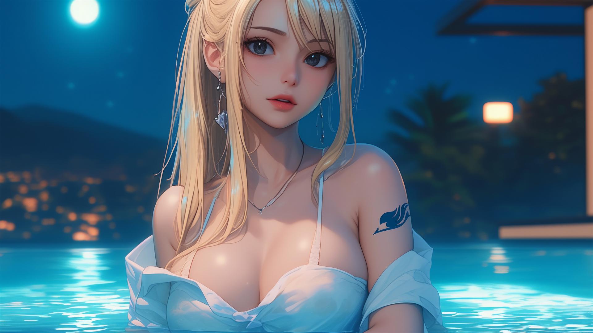 Lucy Heartfilia relaxing in a tub with moonlight