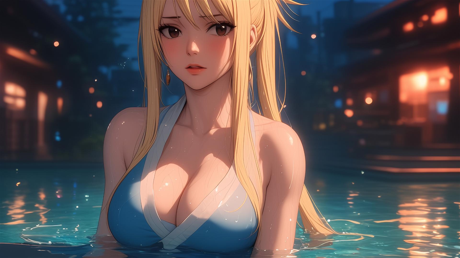 Lucy Heartfilia from Fairy Tail resting in a tub, illuminated by moonlight.