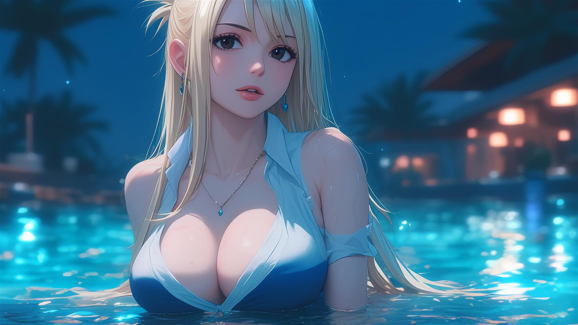 Lucy Heartfilia from Fairy Tail resting in moonlit tub.
