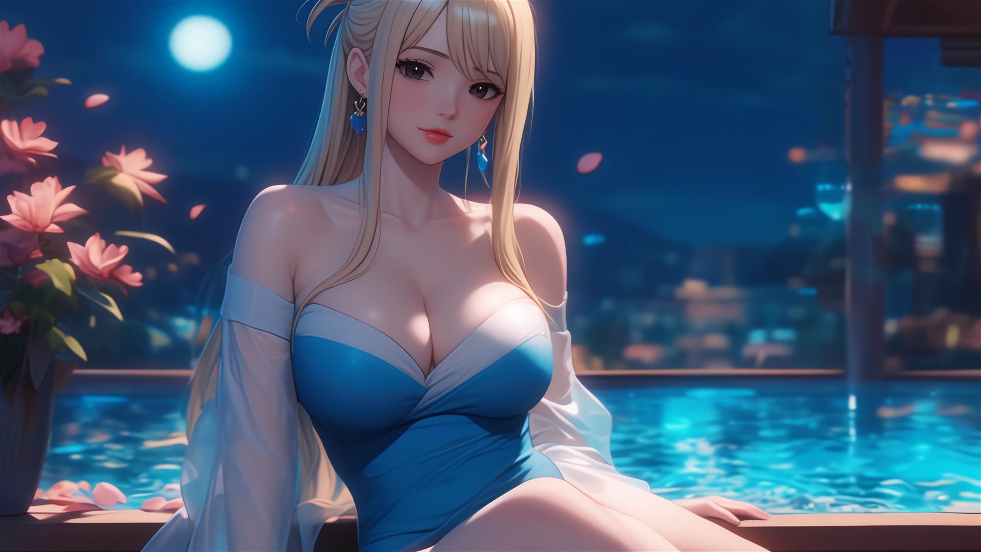 Lucy Heartfilia resting in a tub with moonlight glow