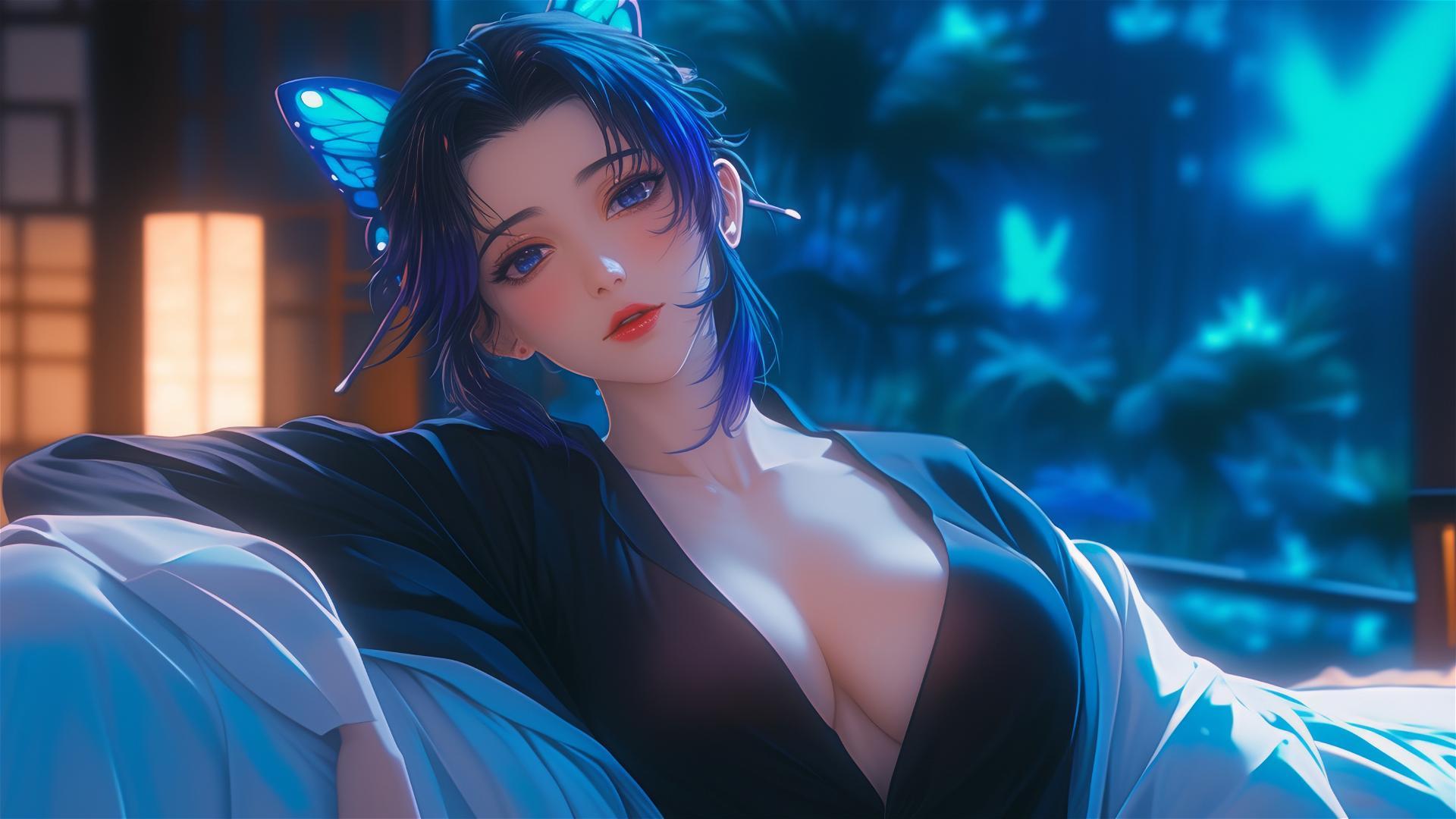 Shinobu Kocho resting in a modern hotel room with moonlight glow