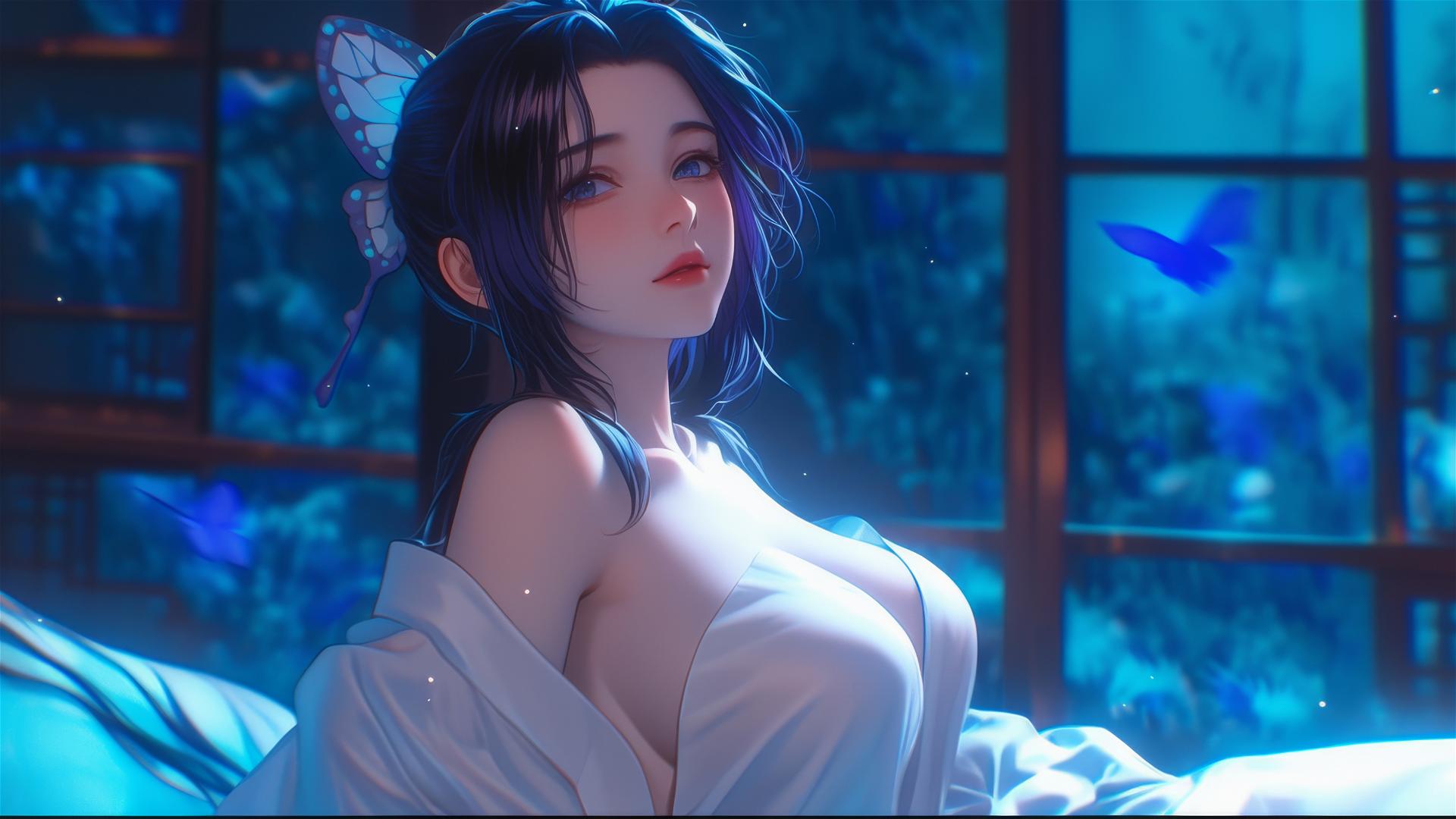 Shinobu Kocho resting in a modern hotel room with neon lights and moonlight.