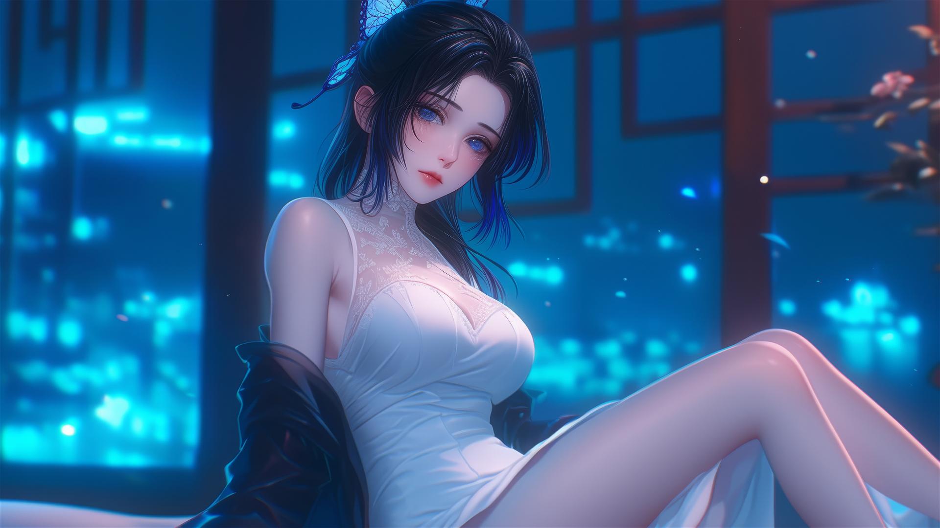 Shinobu Kocho resting in a modern hotel room with neon lights and moonlight.