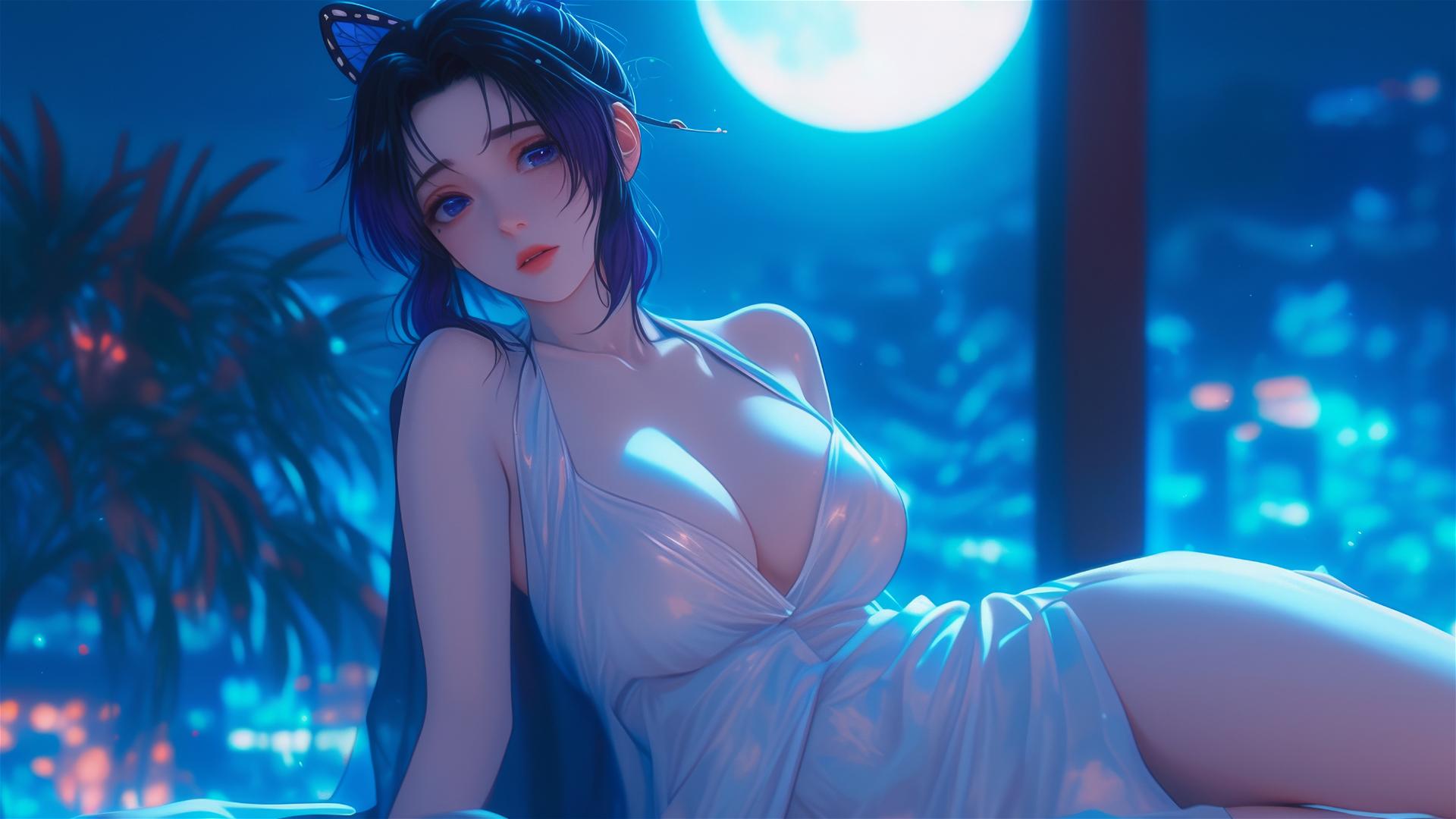 Shinobu Kocho from Demon Slayer in a modern hotel room with neon lights and moon glow.