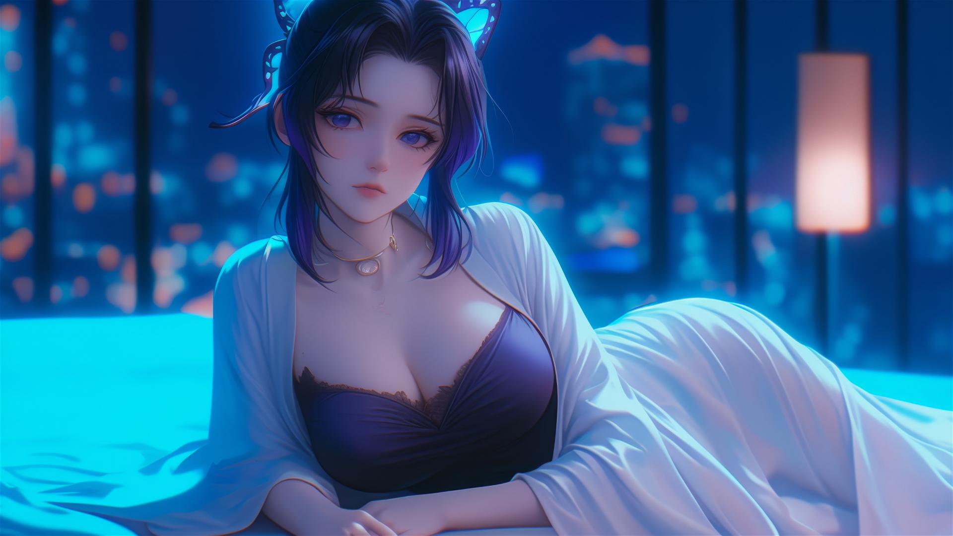 Shinobu Kocho resting in a modern hotel room with moonlight glow