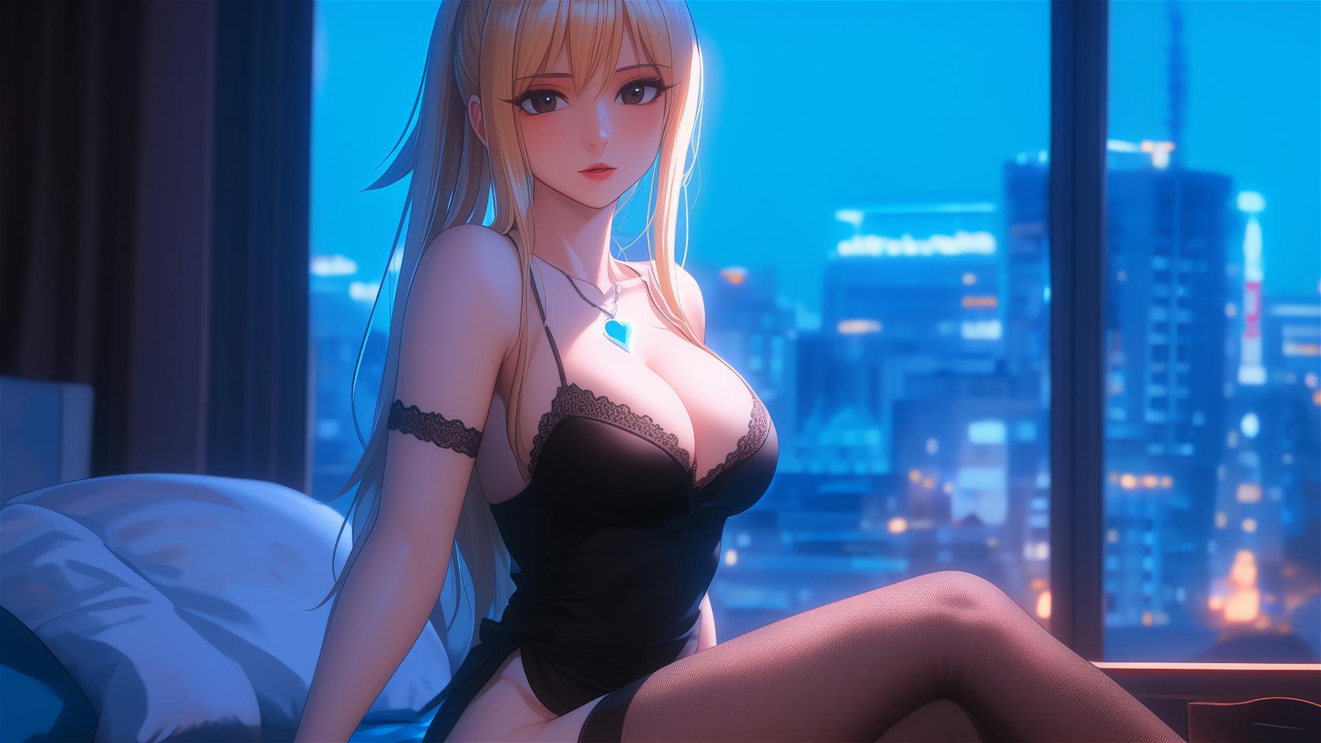 Lucy Heartfilia resting in modern hotel room with moonlight glow