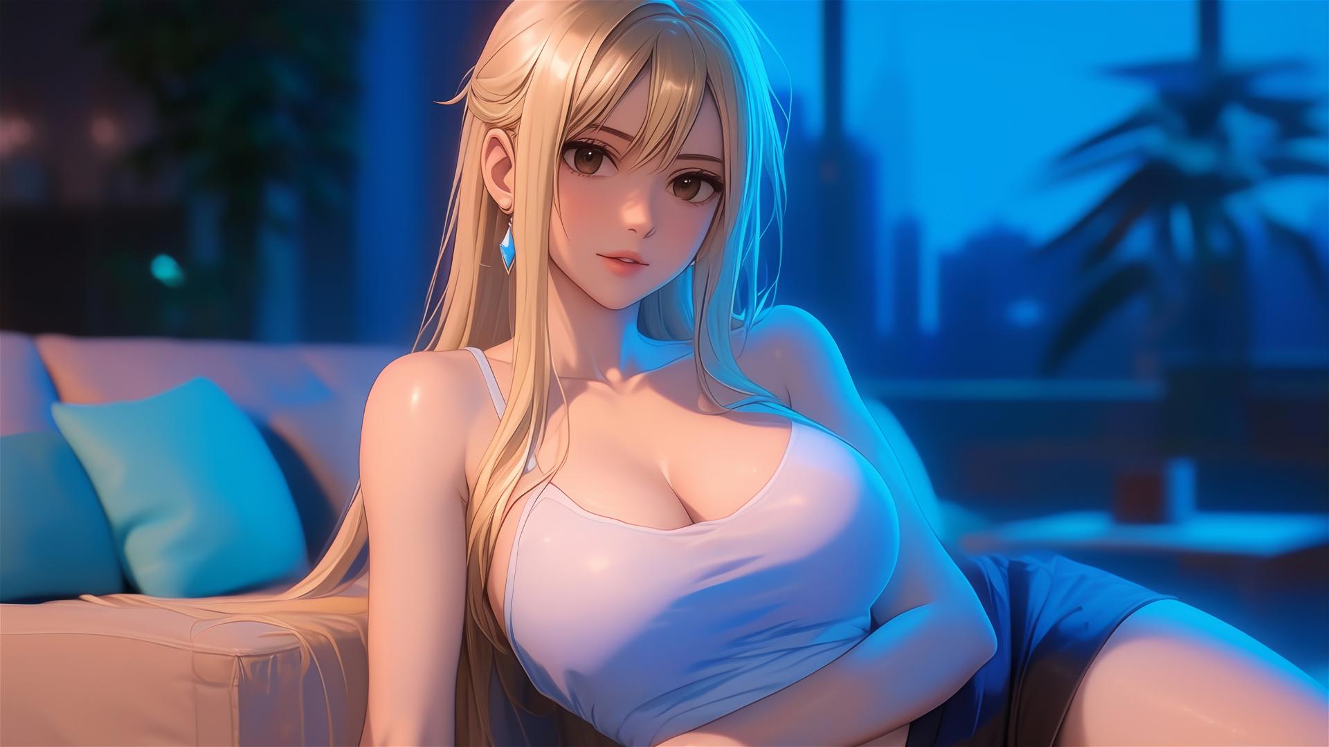 Lucy Heartfilia resting in a modern apartment, illuminated by moonlight.