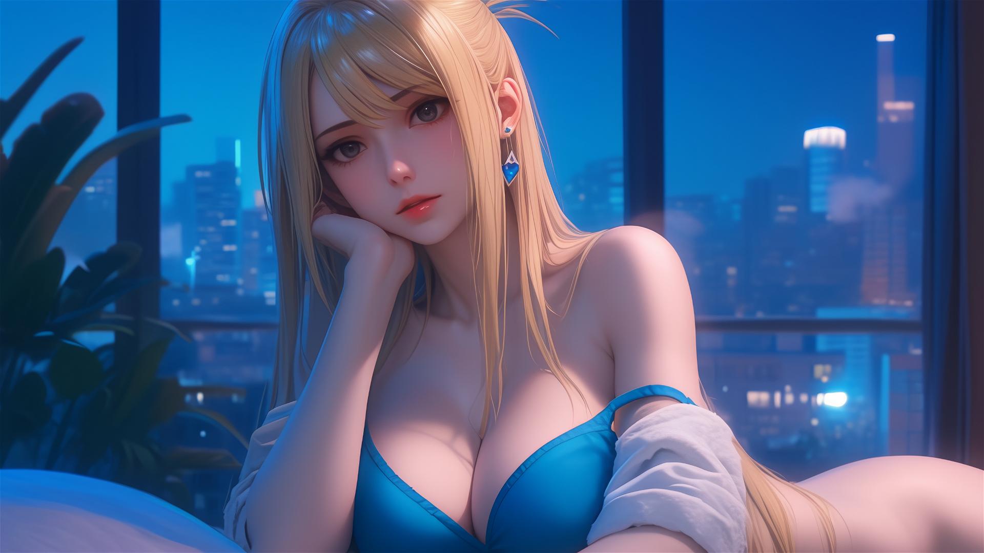 Lucy Heartfilia from Fairy Tail rests in a modern apartment under moonlight
