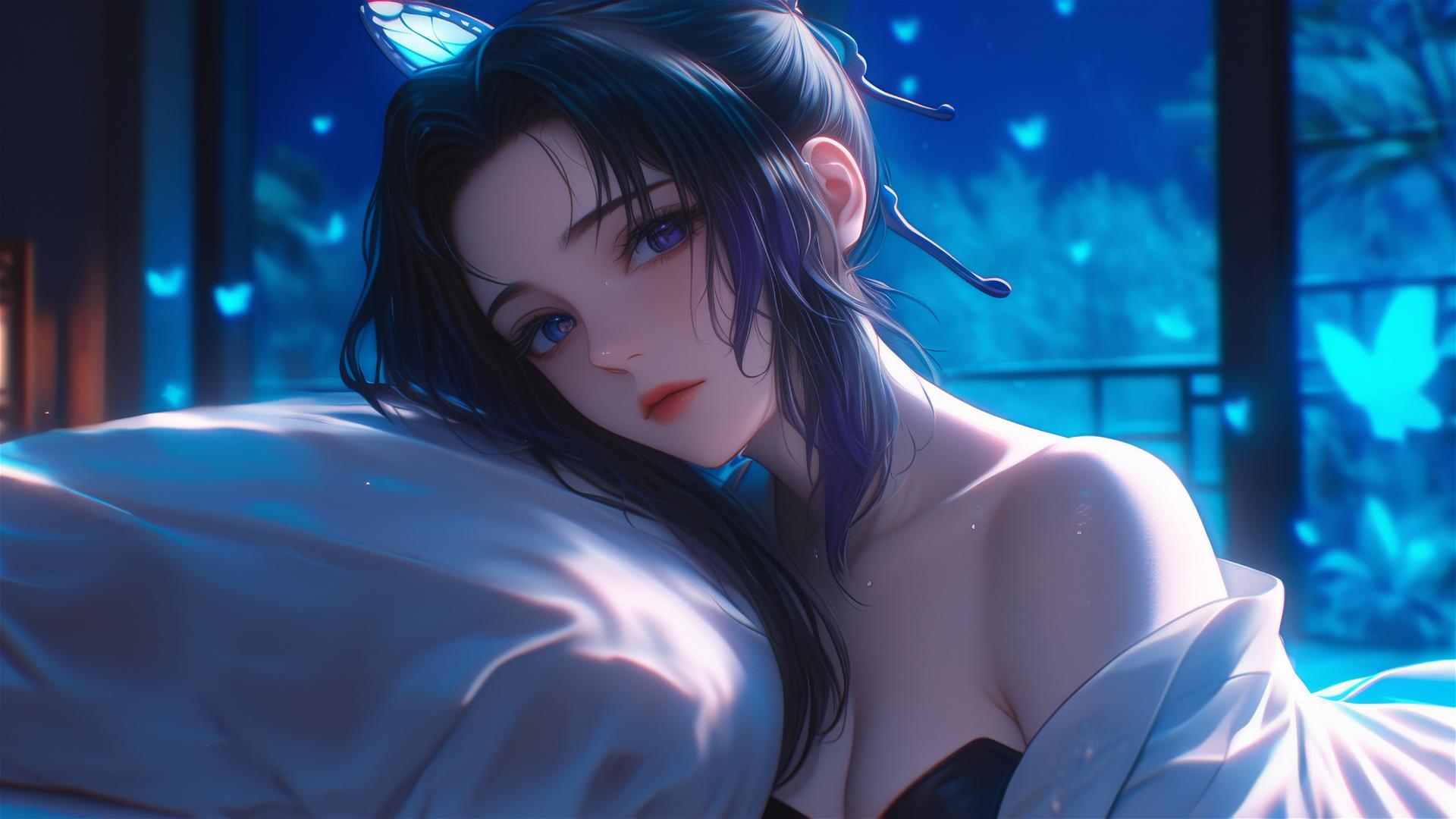 Shinobu Kocho from Demon Slayer relaxing in a modern hotel room with moonlight glow