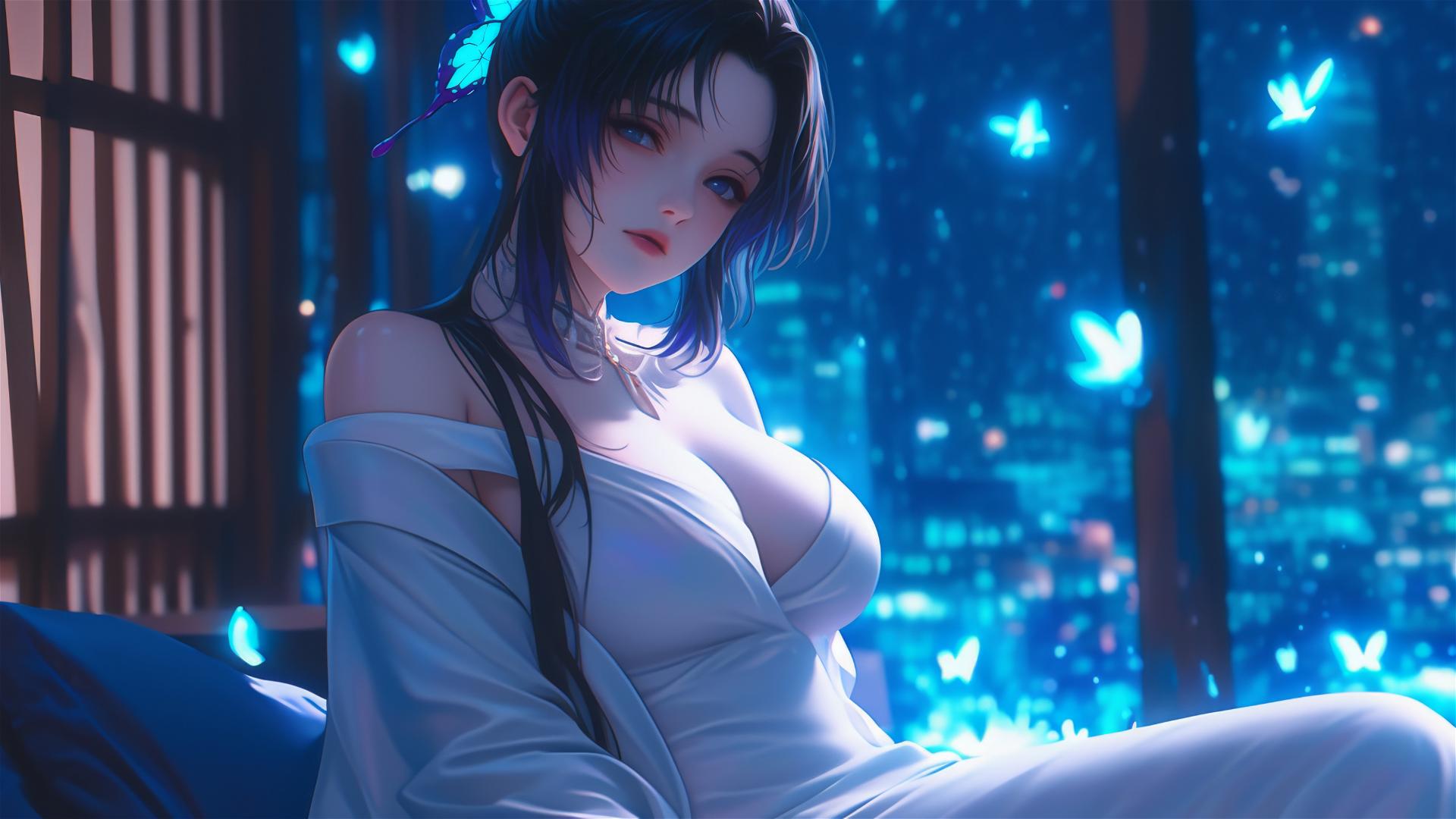 Shinobu Kocho resting in a modern hotel room with neon lights and moonlight