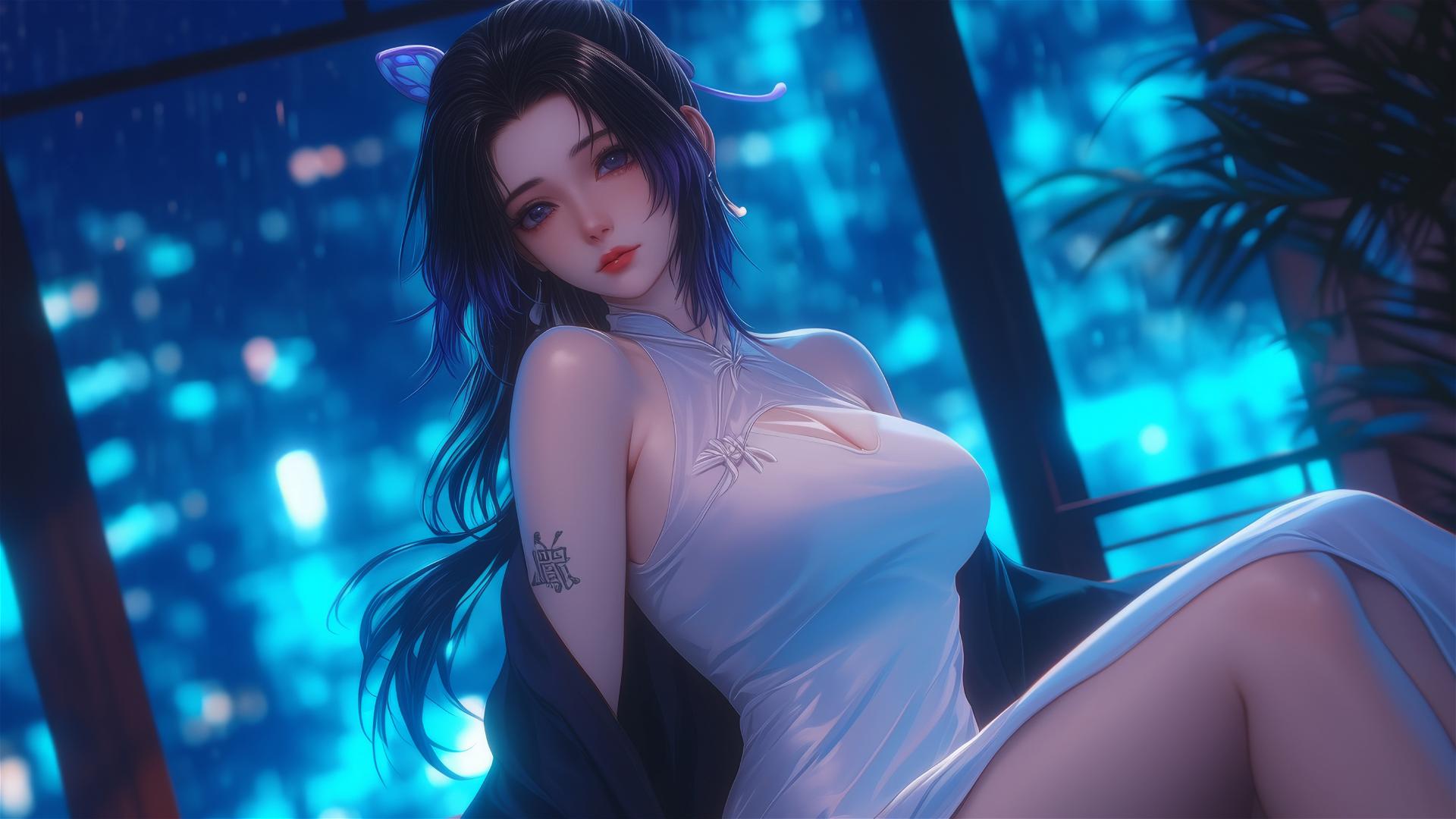 Shinobu Kocho from Demon Slayer resting in modern hotel room with neon lights