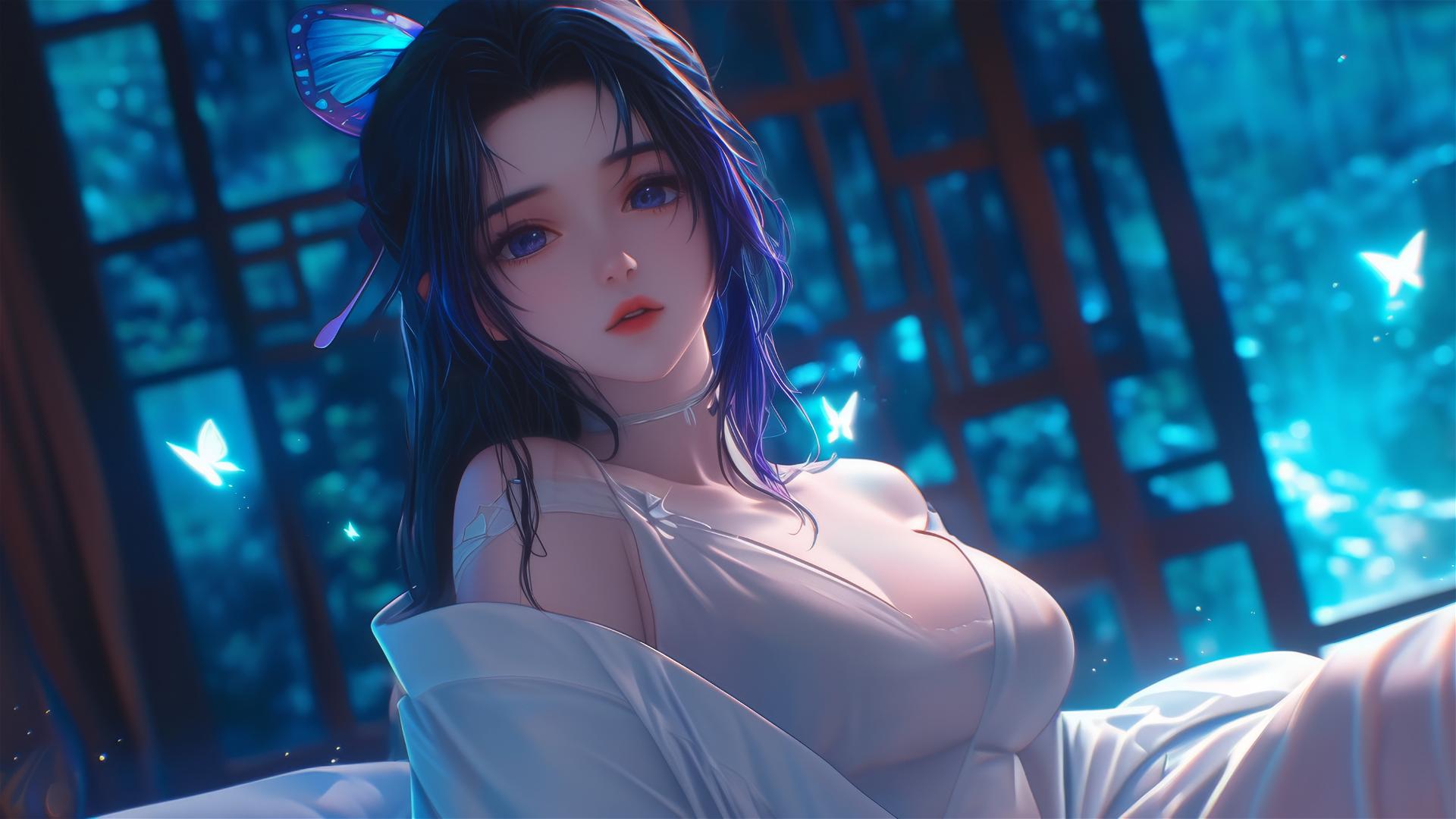 Shinobu Kocho resting in modern hotel room with neon lights and moonlight