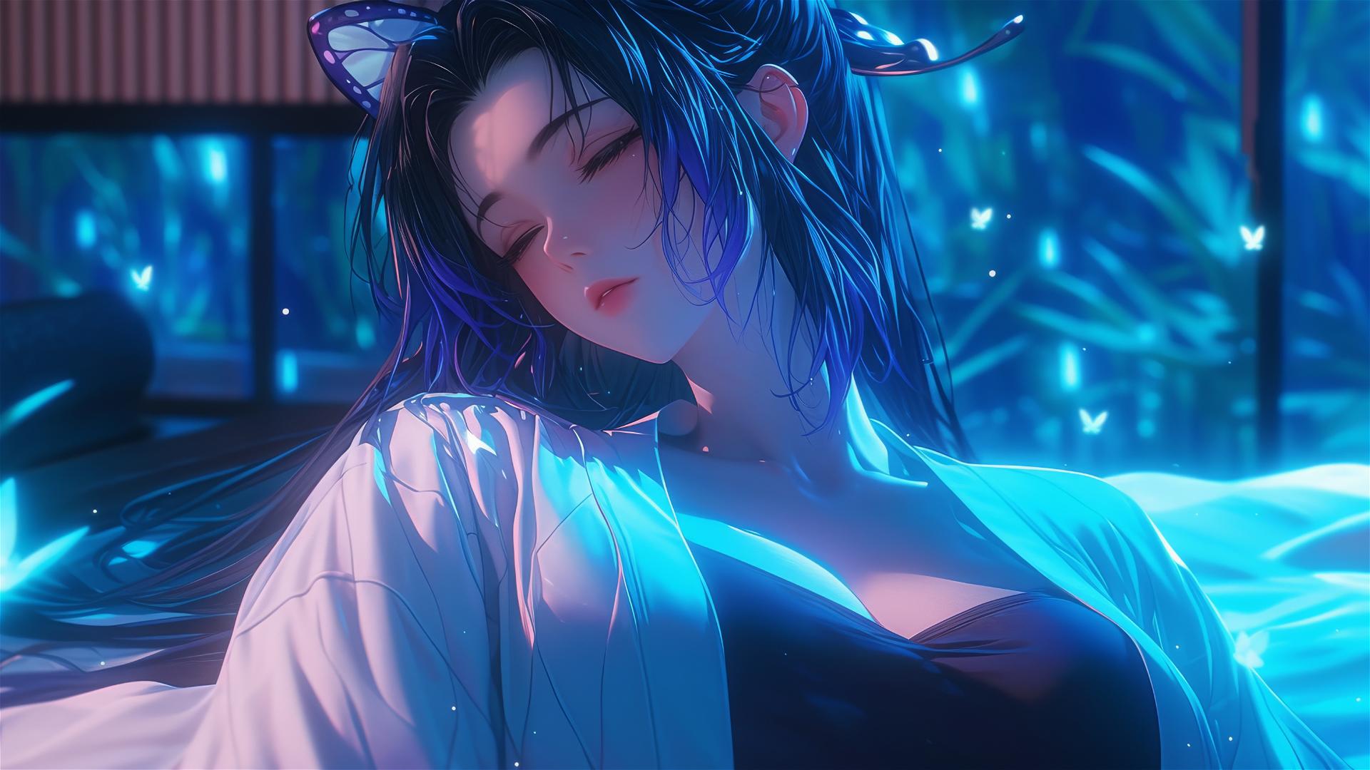 Shinobu Kocho resting in neon-lit modern hotel room