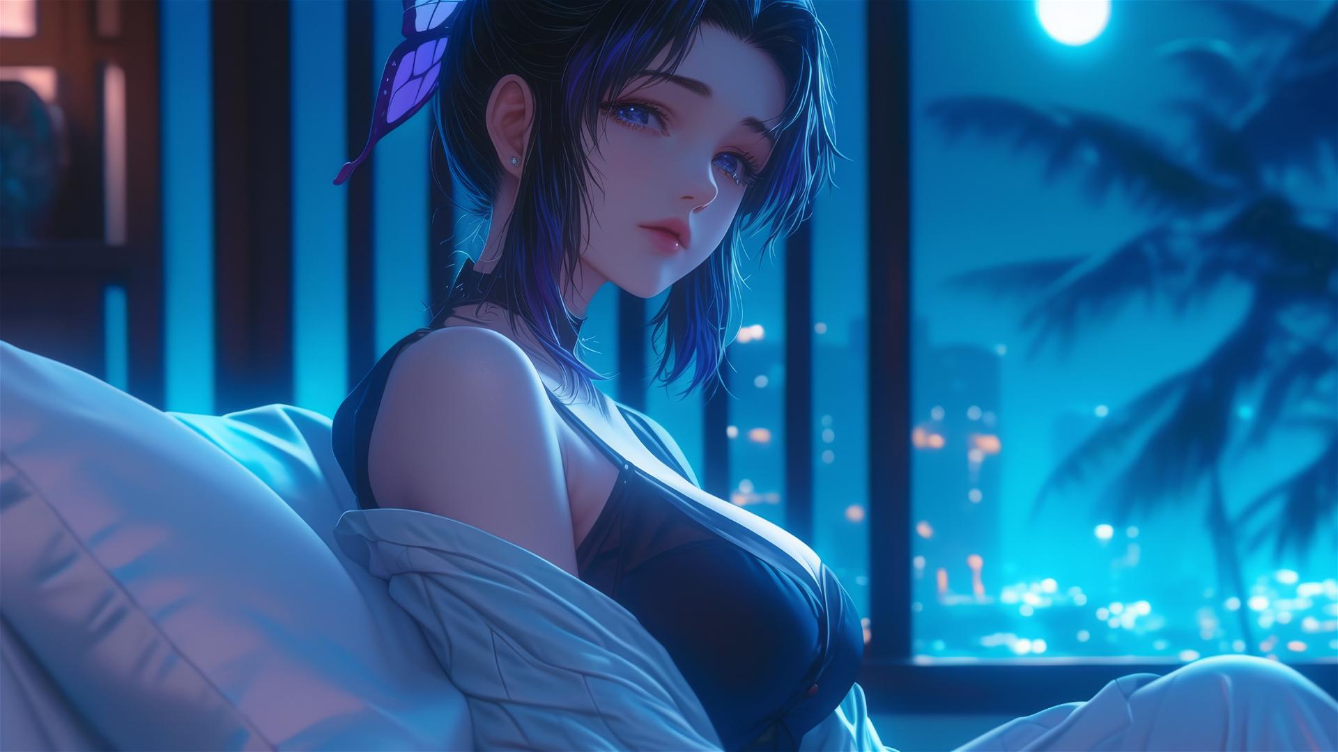 Shinobu Kocho from Demon Slayer resting in modern hotel room under moonlight