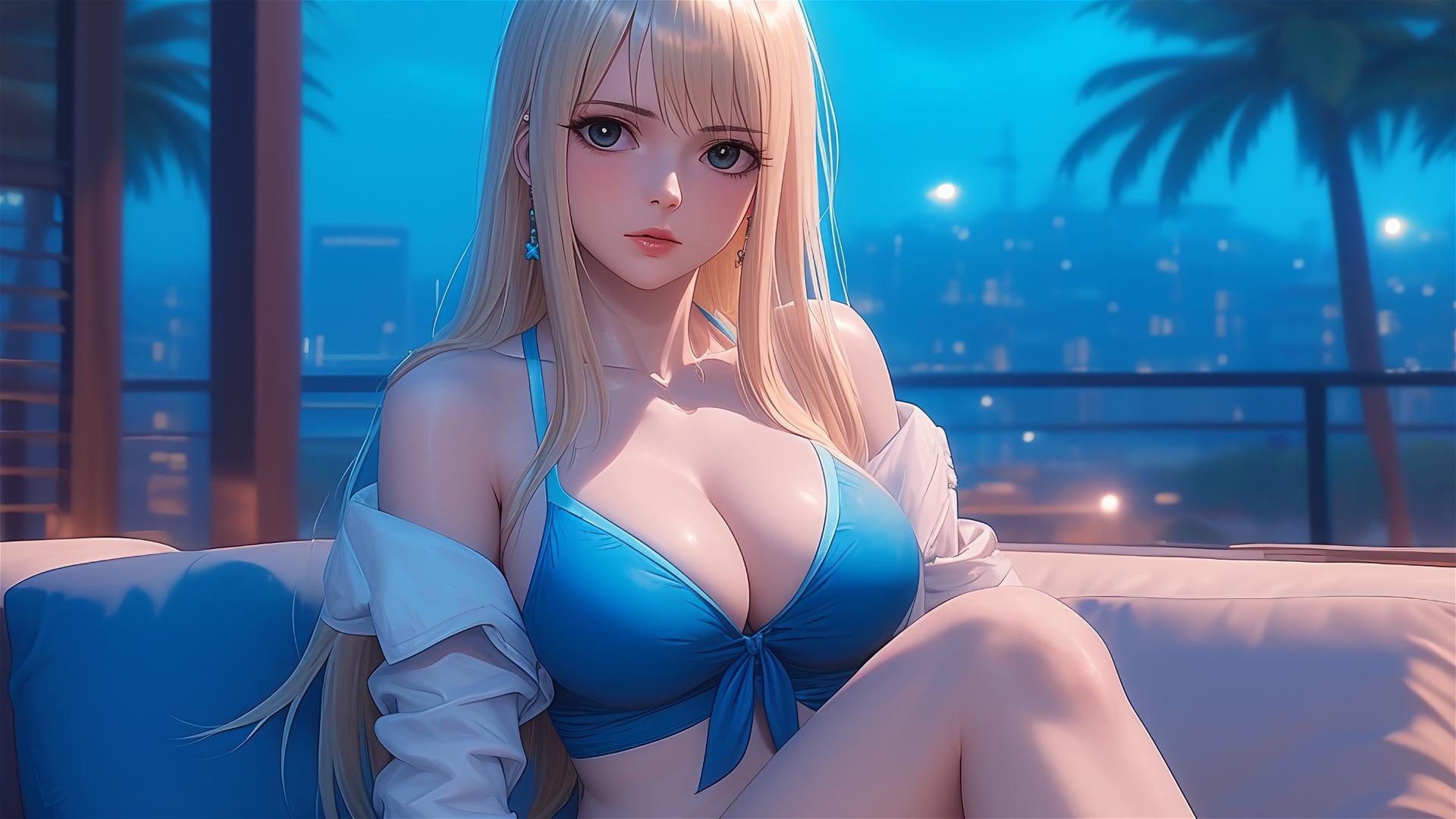 Lucy Heartfilia from Fairy Tail resting in a modern apartment, moonlight glow