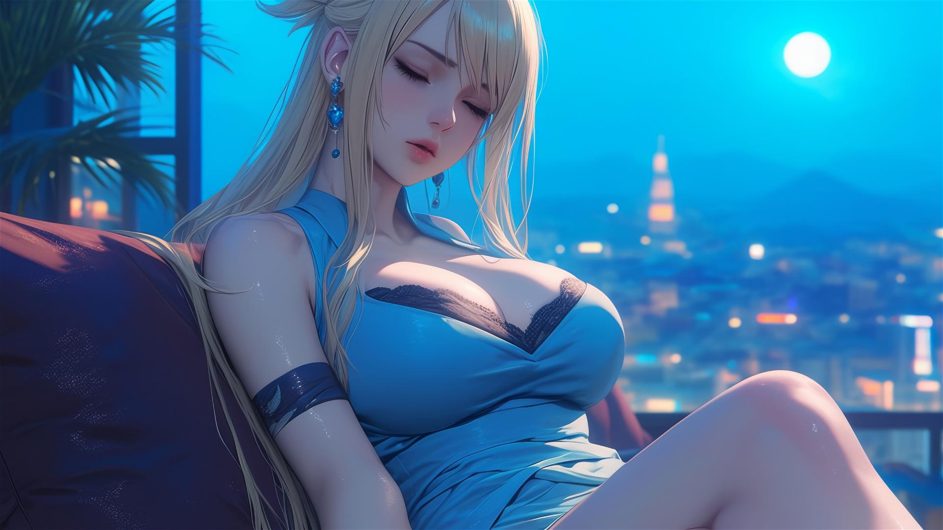 Lucy Heartfilia resting in a modern apartment with moonlight glow