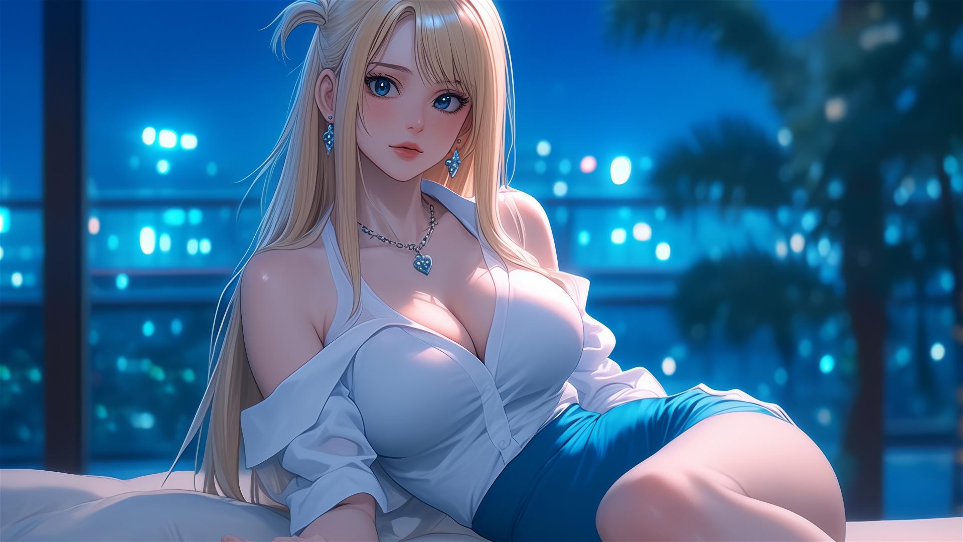 Lucy Heartfilia from Fairy Tail resting in a modern apartment with moonlight glow