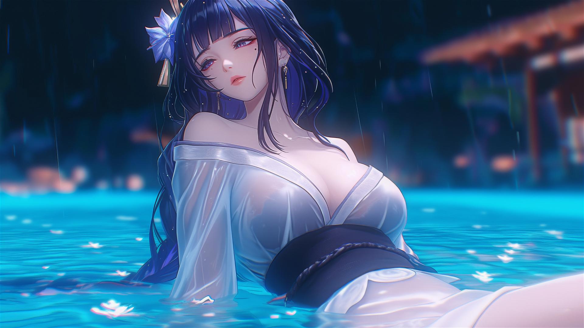 Raiden Shogun resting at a rainy swimming pool with moonlight
