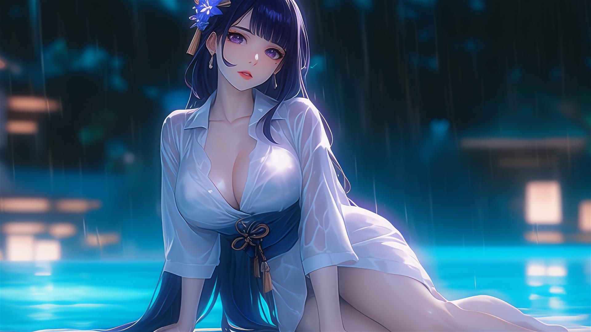Raiden Shogun from Genshin Impact resting by a rainy swimming pool under moonlight.