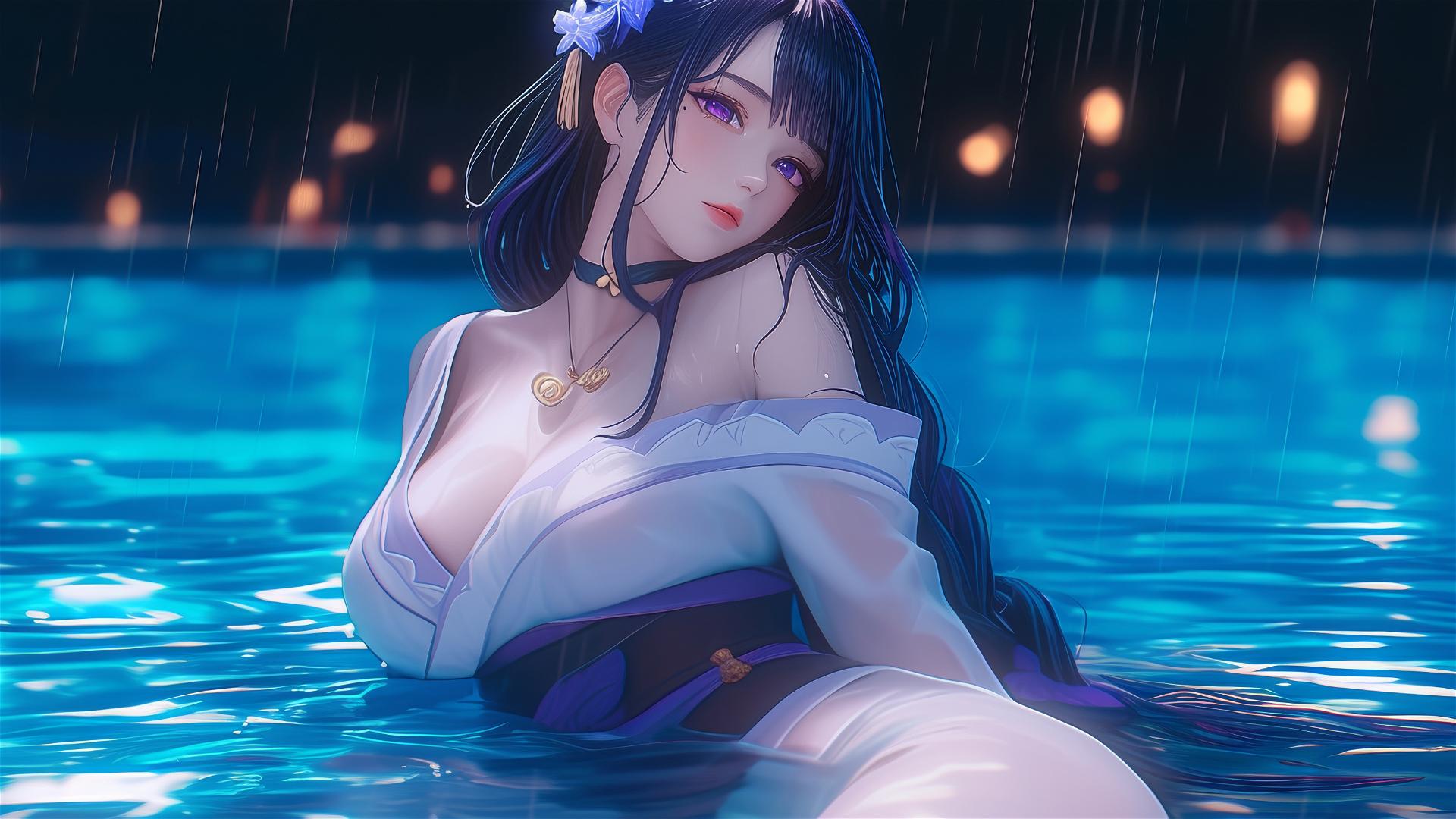 Raiden Shogun resting by a rainy pool under moonlight