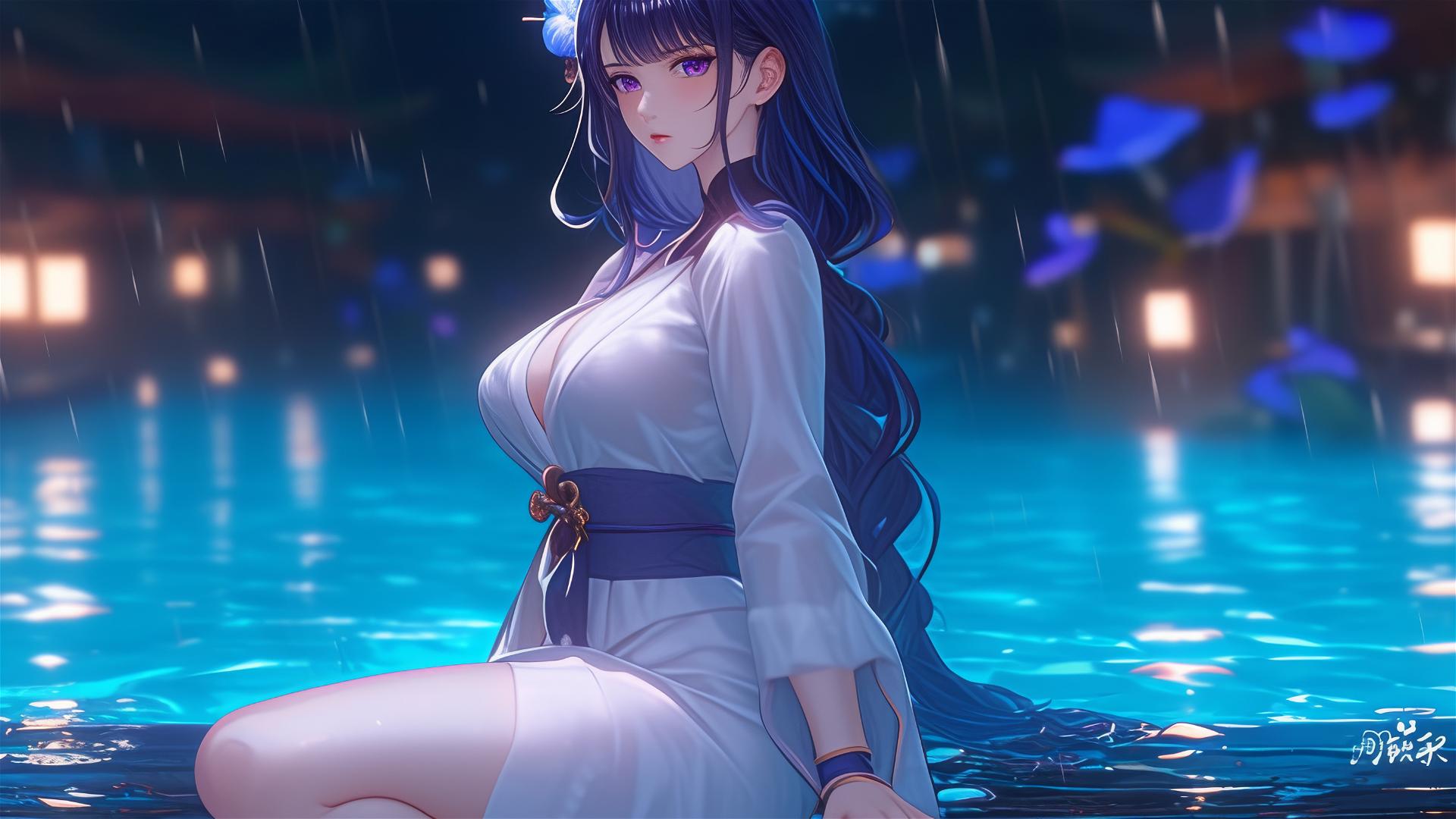 Raiden Shogun from Genshin Impact resting at a rainy swimming pool with moonlight glow