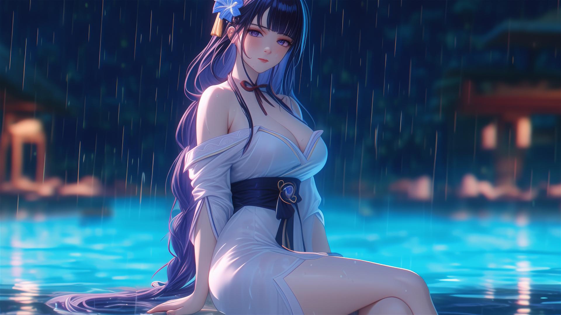 Raiden Shogun resting at rainy swimming pool, moonlight glow, purple hair and eyes