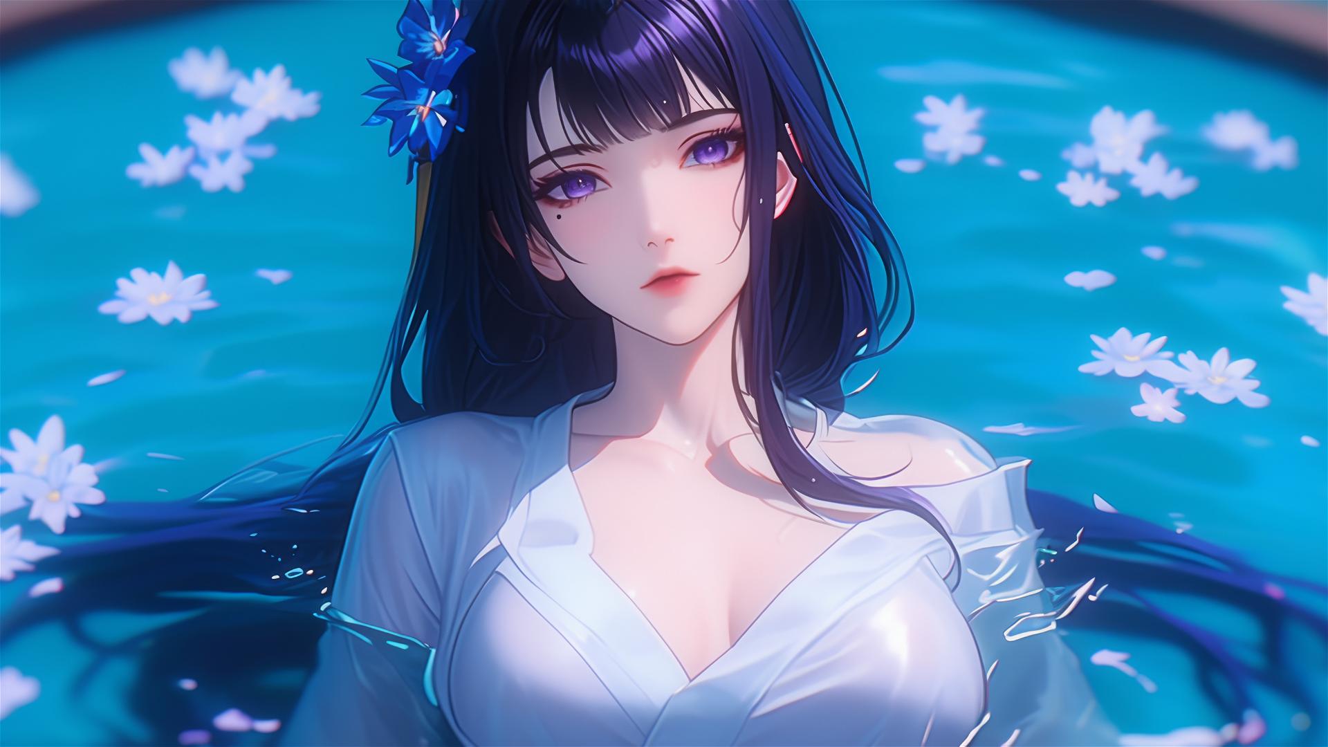 Raiden Shogun from Genshin Impact in a flower-filled tub