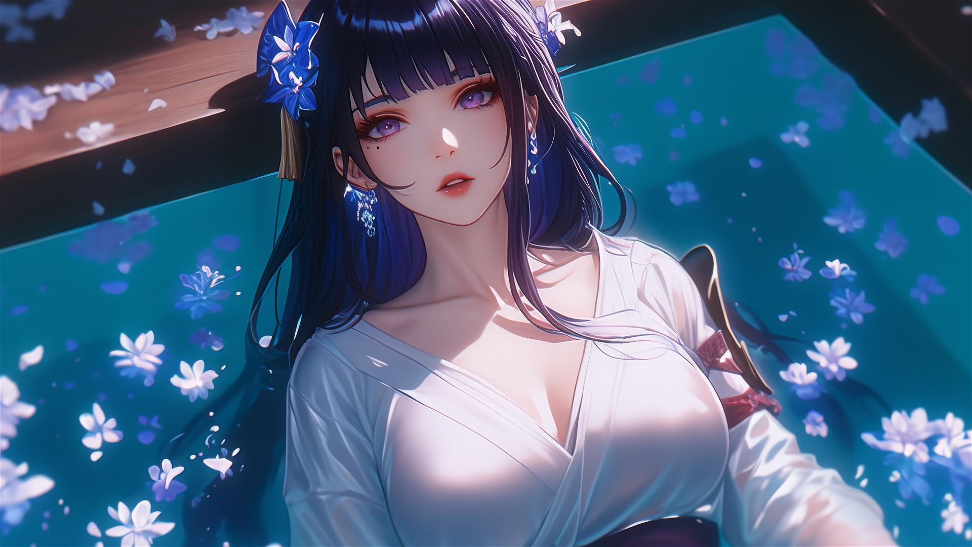 Raiden Shogun from Genshin Impact in tub full of flowers, Chinese spa setting
