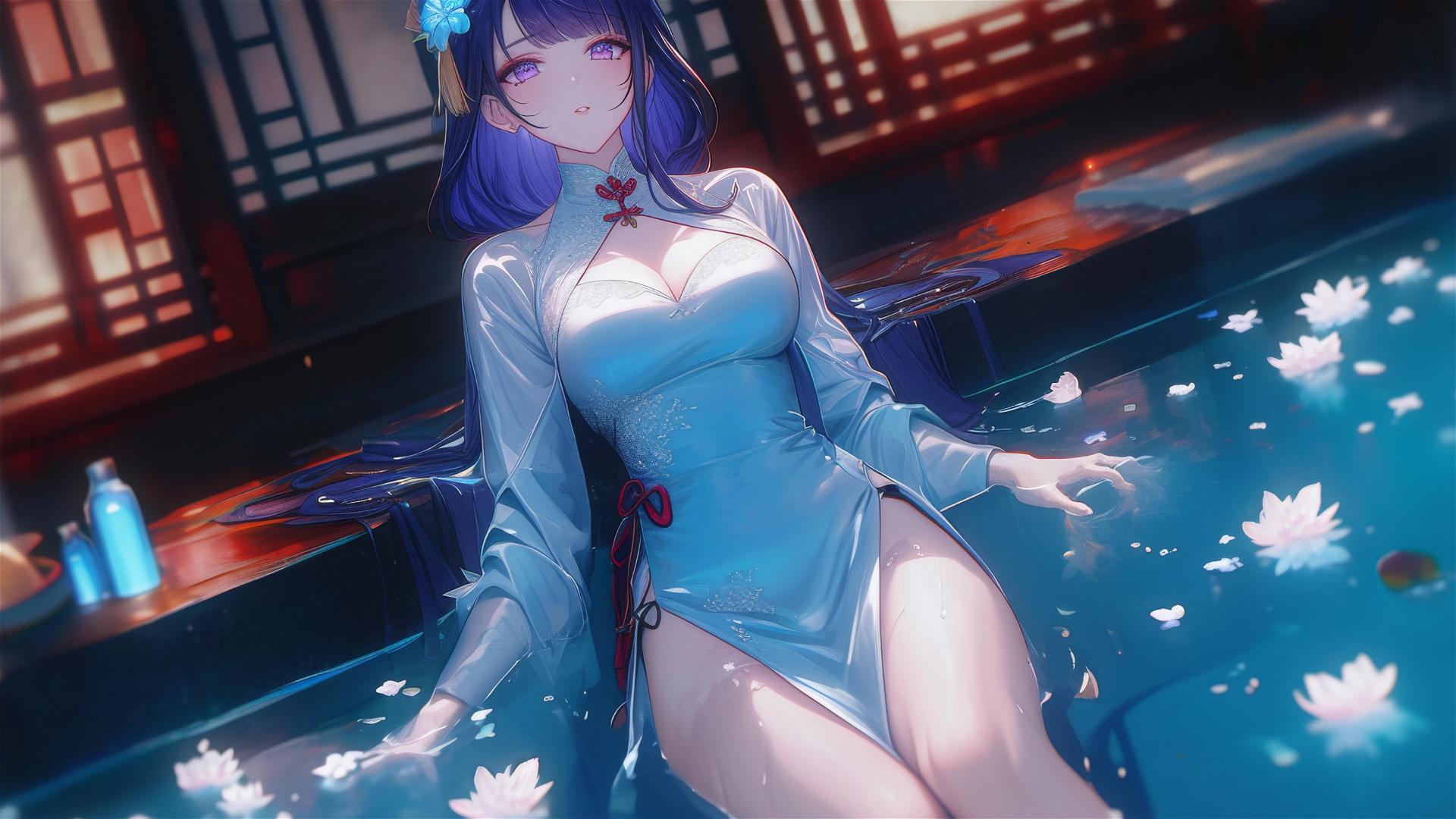Raiden Shogun in a tub full of flowers, silk pajamas, purple hair and eyes