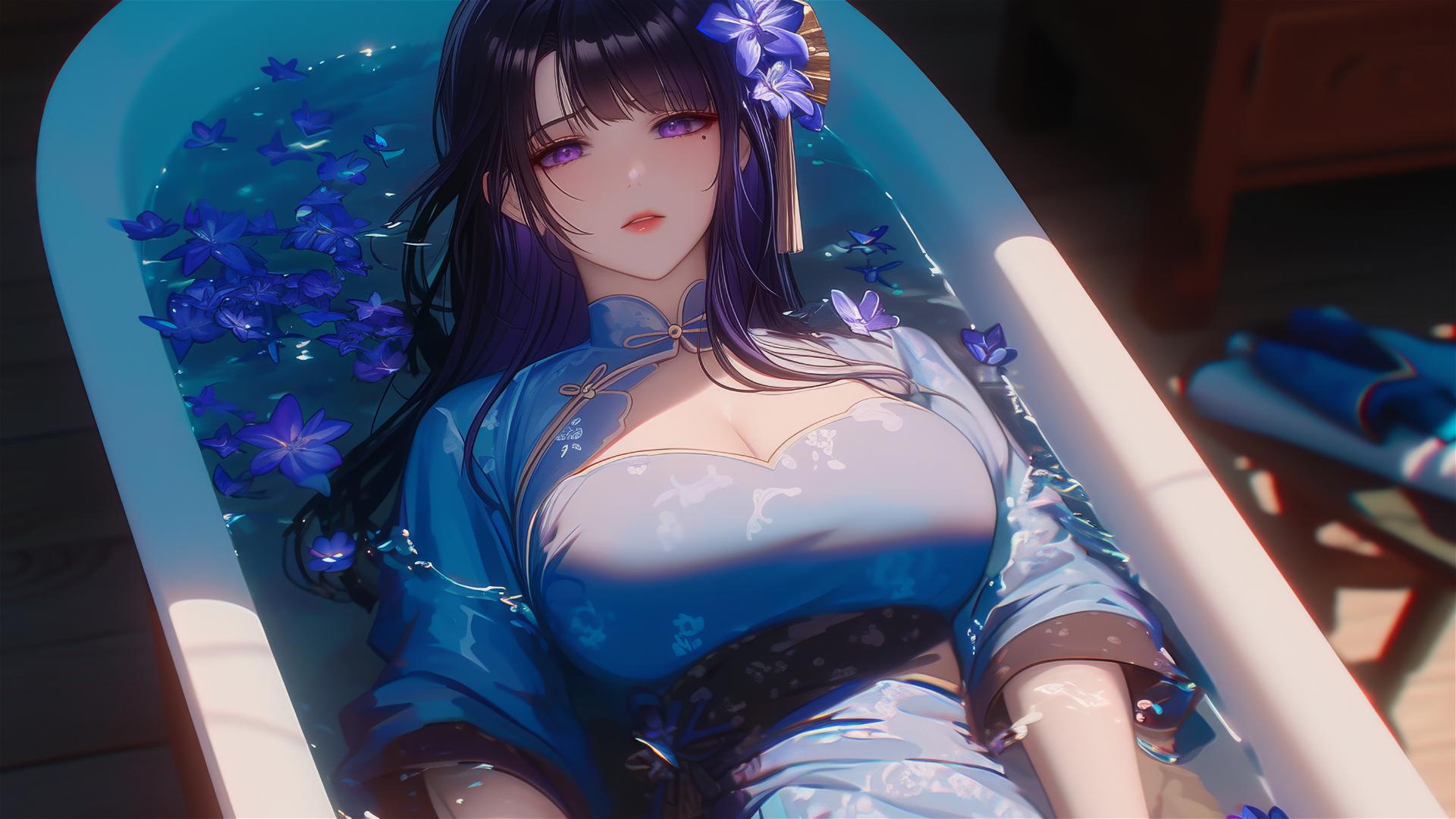 Raiden Shogun from Genshin Impact in tub with flowers, Chinese spa, purple hair, silk pajamas.